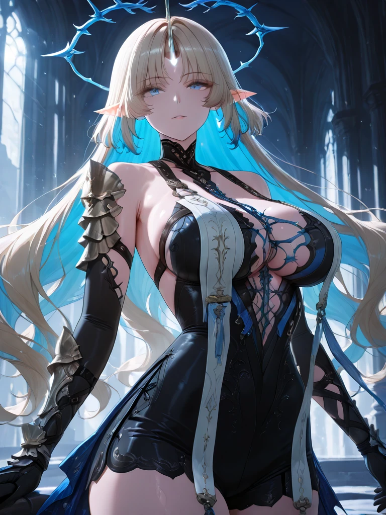 1girl, blue eyes, blue hair, long hair, messy hair, twin braids, large breasts, armored dress, silver corset, piercing gaze
