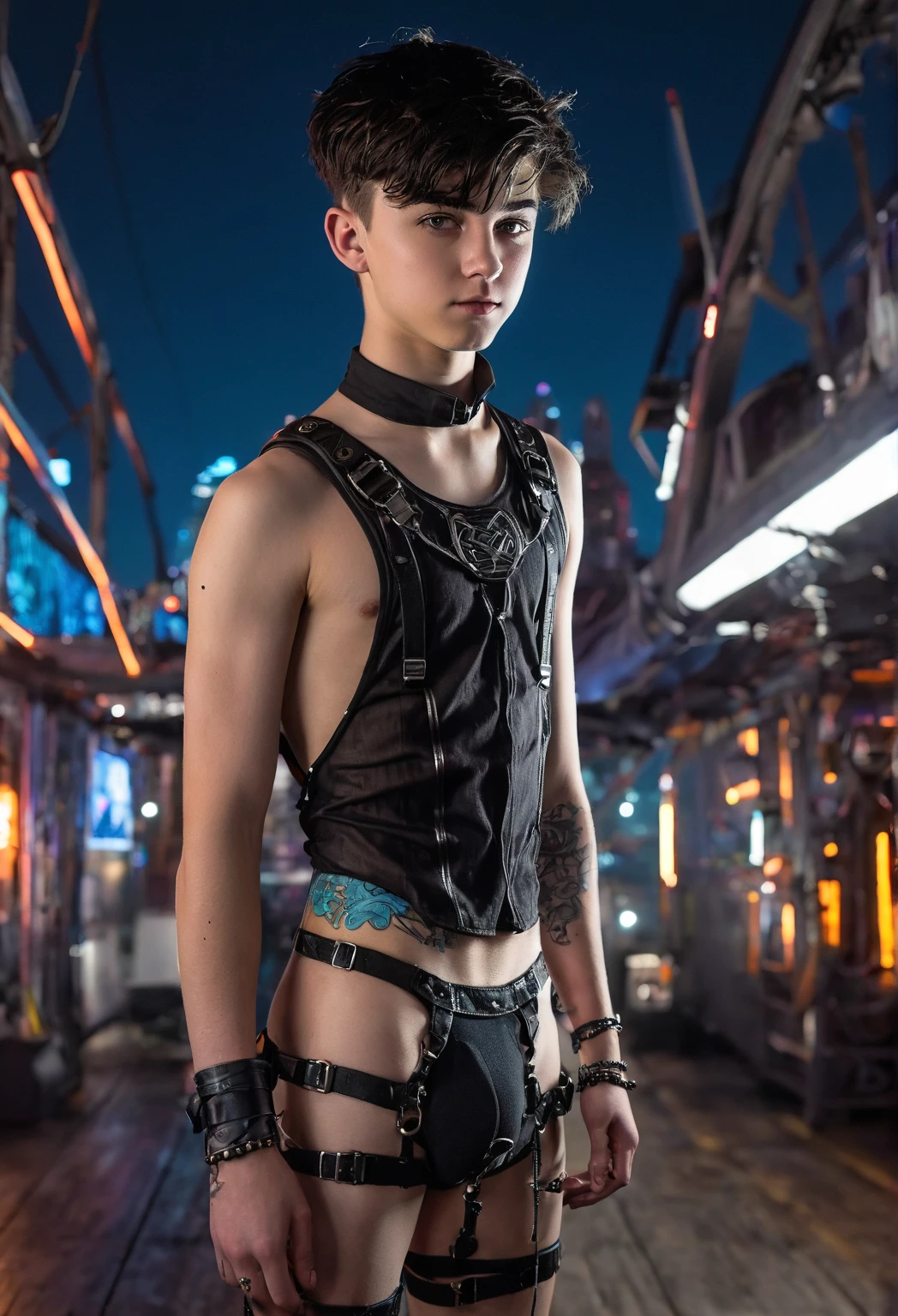 A detailed realistic photo of a young beautiful twink 18-year-old Caucasian boy cyberpunk shadow hunter with a realistic preternaturally cute boyish face (Asher Angel). Naked. Lean. Skinny. Short black hair. Sidecut. Tattooed. Overlooking a glowing cyberpunk metropolis from an airship at night. Perfect but very small uncircumcised cock and testicles exposed to the camera. Short trimmed pubes. Bdsm harness.