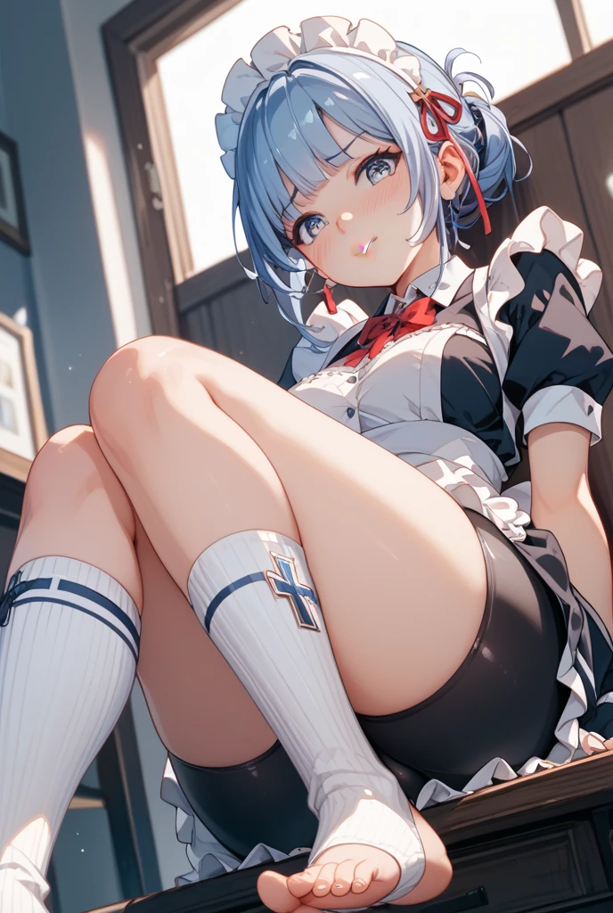 ((Highest quality)), ((masterpiece)), (detailed), (nsfw), image of anime video game character dressed in an outfit with a short skirt, 1girl, cheerleader, underwear, bike shorts, skirt, 独奏, breasts, black bike shorts, standing on one leg, open mouth, crop top, underboob, standing, pleated skirt, hair ornament, split, blush, thigh strap, black skirt, looking at viewer, multicolored hair, cameltoe, sweat, playground