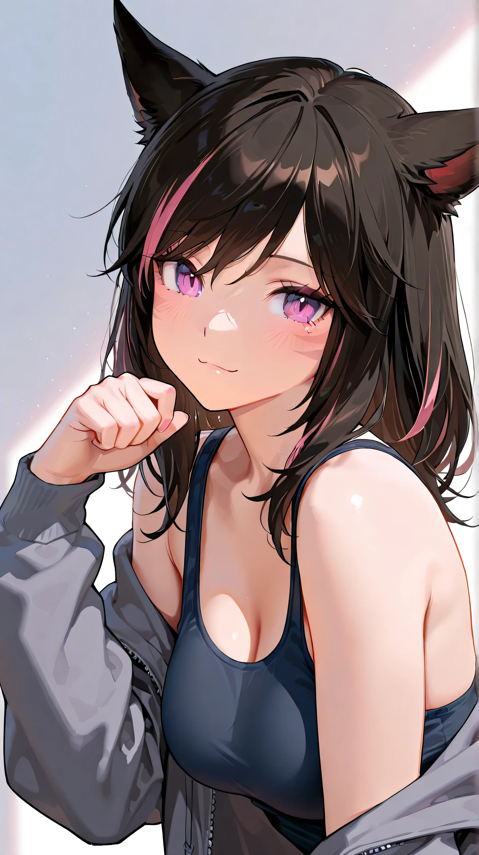 (best quarity,ultra detailed,ultra-high-resolution, absolutely resolution,8k, masterpiece),anime,(pale colors:1.8),long shot, 1girl, solo, fullbody, cat mouth, dynamic angle, grin, smile, fang, dancing, blue hair, bobcut, straight hair, racoon ears, racoon tail, (brown streaked hair:1.3), (blunt bangs) ,thick eyebrows, big breast, tanktop, sneakers, racoon tattoo, cutout, flower hair ornament, striped background, shadow, 