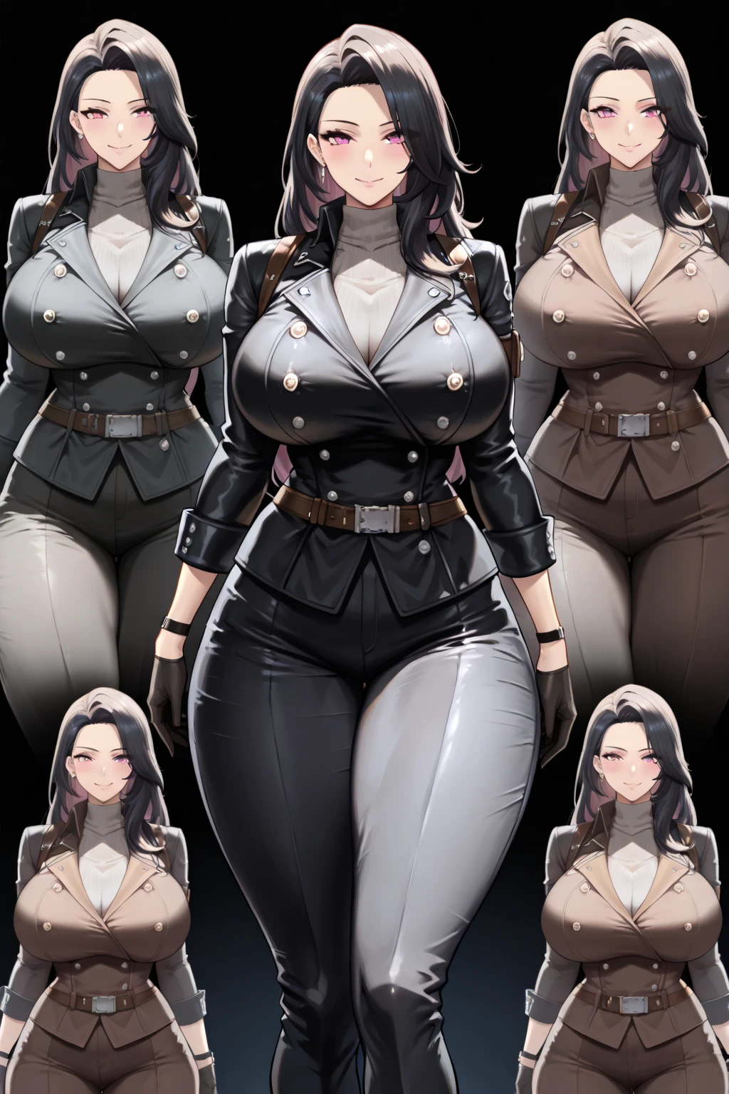 (((mature white muscle woman))), curly brown hair, blue eyes, thick lips, massive tits, big areola, wide hips, big waist, thick thighs, (wearing black sleeveless shirt, grey utility vest, utility belt, fingerless gloves, tight pants, long boots), (massive ass), ((character design sheet)), illustration,1woman, environment Scene change