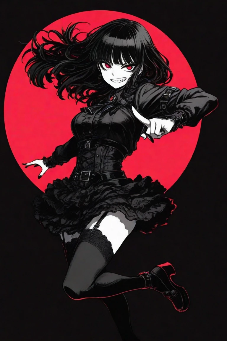 in style of Santiago Caruso, a full-body, high-resolution anime style of a rebellious teenage female goth with short curly black hair, thin face, intense red lips, gothic fashion, inspired by the works of Yoshiaki Kawajiri, vibrant and edgy, with dramatic lighting and dynamic composition, BREAK, Art style by Yoshiaki Kawajiri and Tsukasa Hojo and Toshihiro Kawamoto - -intricately detailed face - -80s and 90s anime still - -1980s retro anime - -1980s and 1990s anime retro nostalgia -highly detailed profile BREAK, ARISTYLE4, Soft Pastel -depth of field, Cinematic Angles, Dynamic angles, (((masterpiece))), perfect face, ((full body shot)),