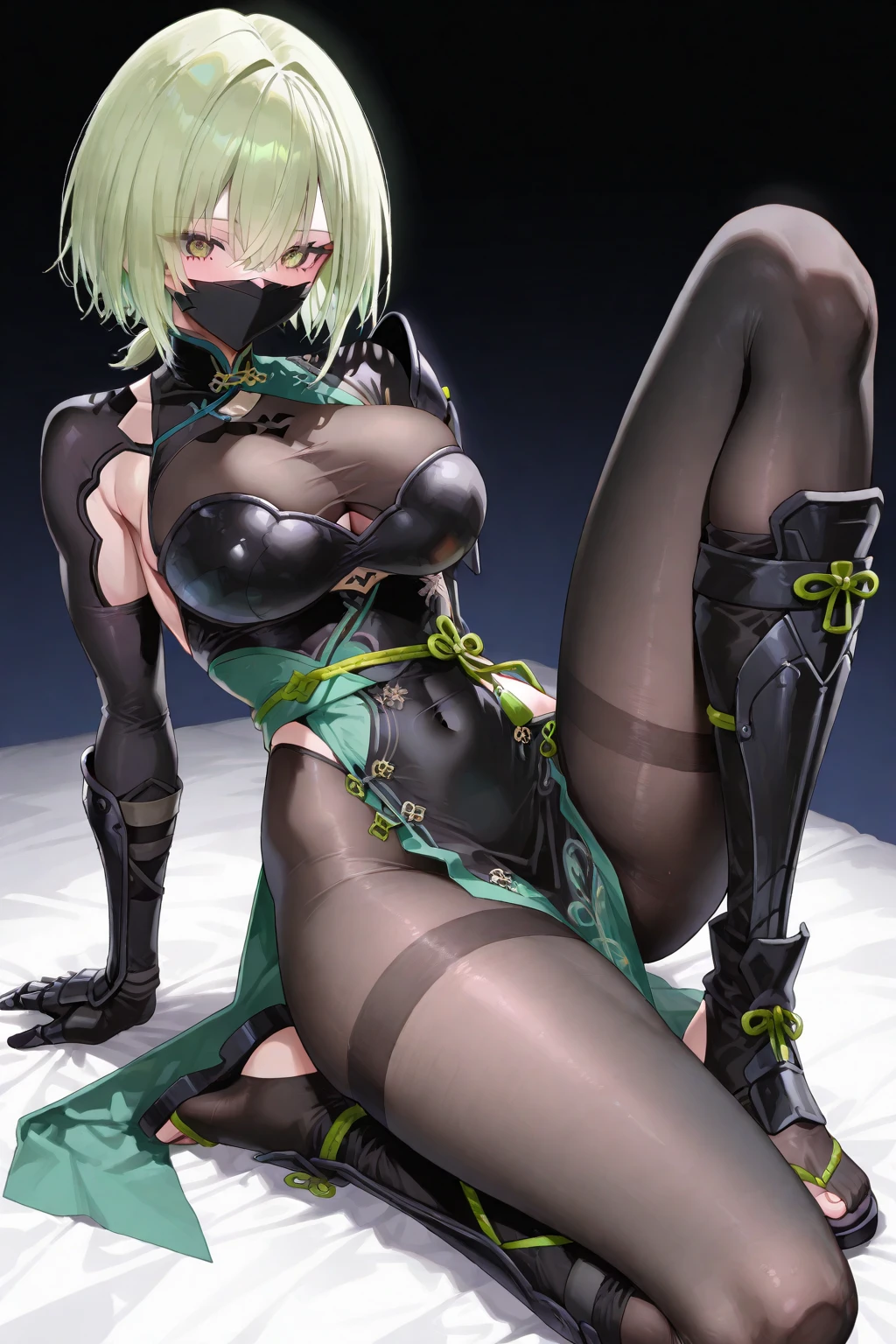 (well detailed background) (best quality), (high quality), (masterpiece), 1girl, solo , alhaitham \(genshin impact\), looking the viewer, short hair, grey hair, big breasts, hair over one eye, headphones, turquoise eyes, lace, lingerie, indoor, bedroom, smirk, makeup, naughty woman laying on bed ,(( legs spreading wide open)), hands on breasts, (((breasts groping))), genitals