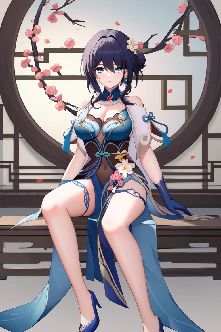 absurdres, RAW photo, extremely delicate and beautiful, masterpiece, Best Quality, ultra high resolution, 32k, hyperrealistic, ultra-detailed, in her 20s, delicate facial features, beautiful detailed girl, tearful mole, earring, medium breasts, full body shot, shorter middle hair, black hair, jiangshi,