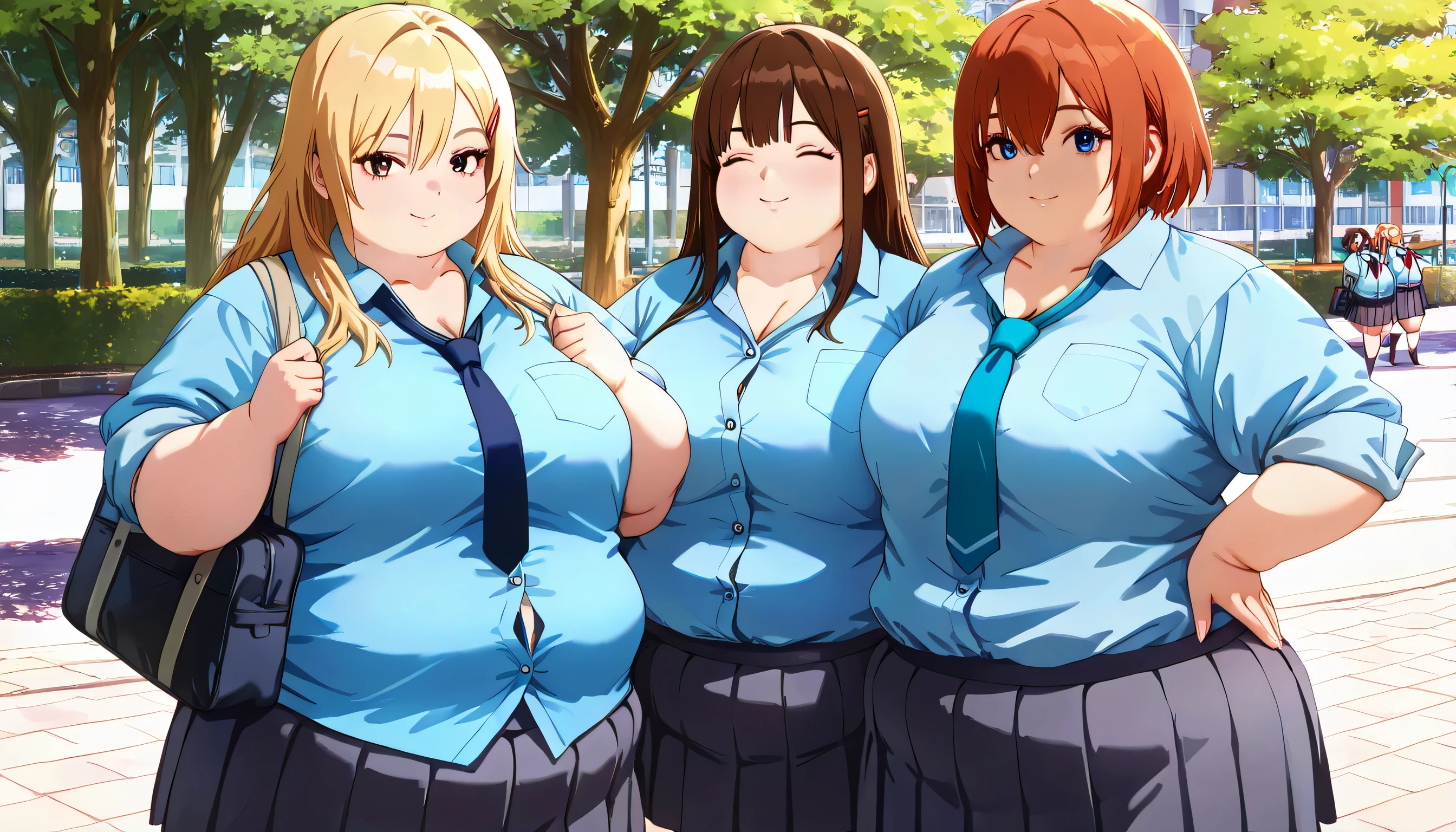 HDR, 8K, high contrast, masterpiece, best quality, amazing quality, very aesthetic, high resolution, ultra-detailed, absurdres, realistic, newest, scenery, score_9, score_8_up, score_7_up, group of young plump schoolgirls on a bright street happy to see each other, ((school uniform)), cute, light smile, blond hair, brown hair, redhead, long hair, short hair, ((chubby)), plump, ((fat)), ((round face)), (((double chin))), (((blue button down shirt))), ((collarbone)), (((tie))), ((rolled sleeves)), chest pockets, short dark skirt, shoulder bag street, park, detailed, realistic, (dickerchen), ((anime character)), (gyaru),