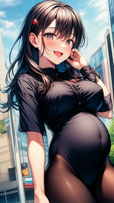 best quality, Ultra-high resolution, (Realistic:1.4), 1 girl, Loose Oversized Black Jacket, White Sports Bra, (Thong:1.2), (Large Breasts:1.2), L looks at the audience, Smile, Foote Body, street, Urban, cosmetic, Wide Angle,pregnant