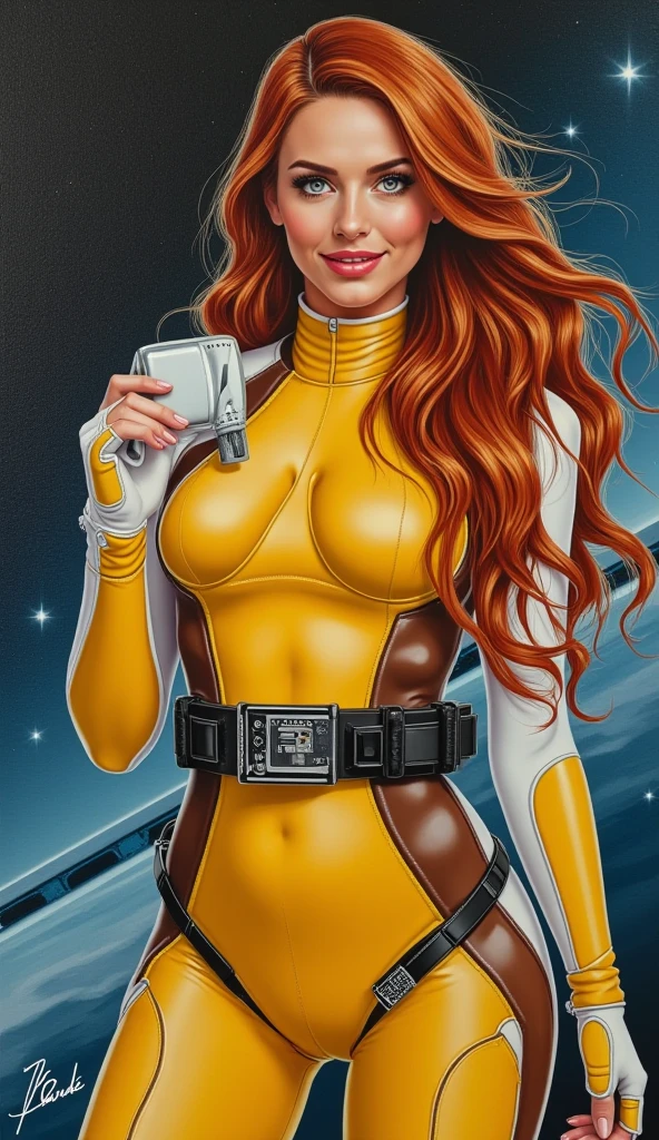 (best quality,8k:1.2,high resolution:1.2),ultra-detalhado,Realistic,retro science female,static pose,long hair,rosto extremamente detalhados,long eyelashes,white porcelain catsuit,Apertado,white pantyhose, light orange gloves,light orange Glossy metalic accessories,Physically-based rendering,foco nítido,studio lighting