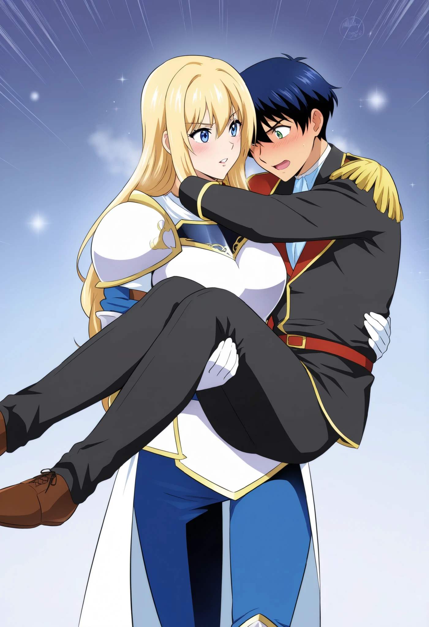 ,,1girl, milarity Royal female knight,prince carry,1boy, bridal style, female carrying male, role reversal, gender role swap , assertive FL x Submissive ML , assertive knight woman anime colouring