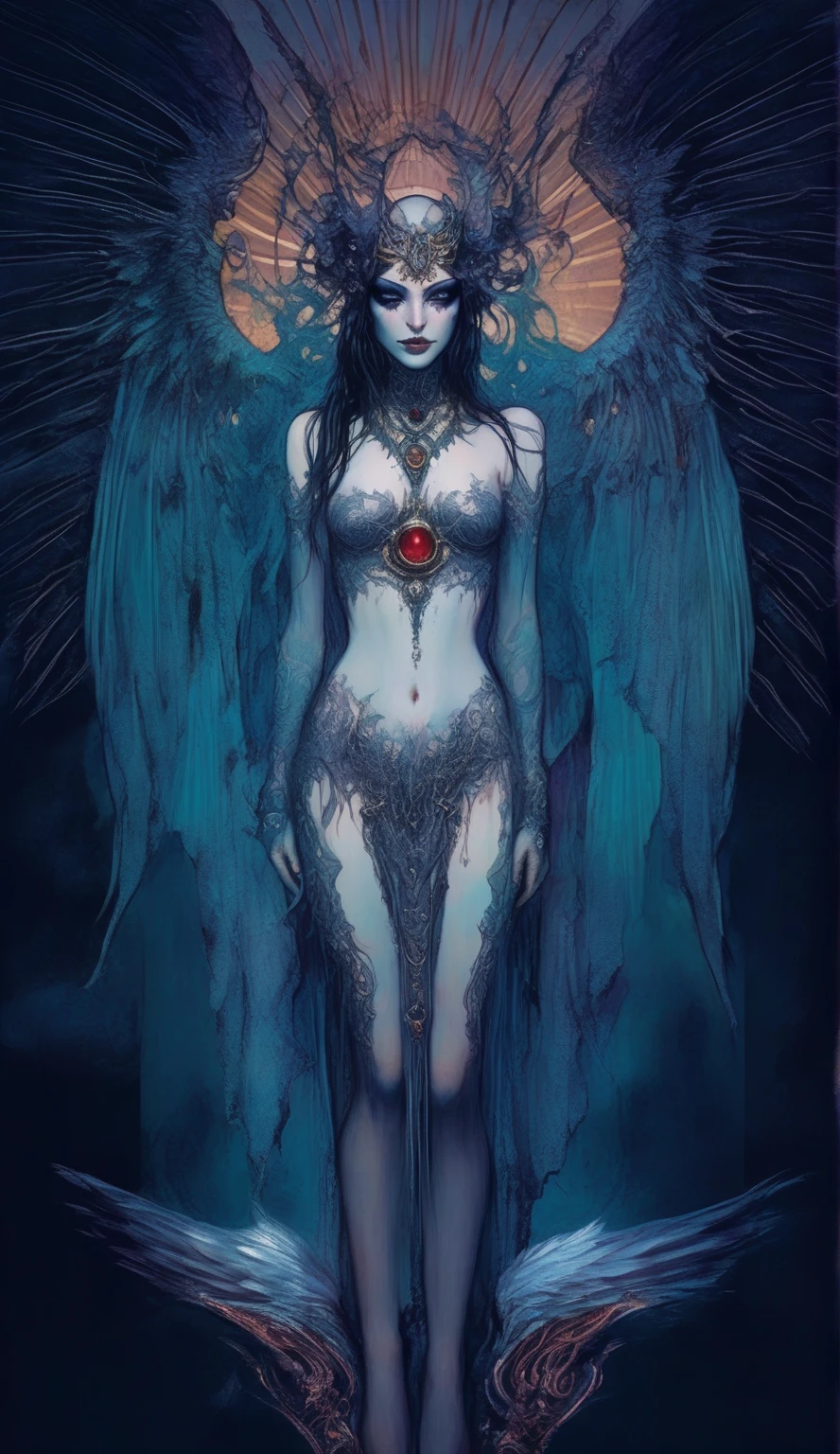 The corrupted angel appears as an ethereal and ghostly being, her form twisted into a haunting and macabre shadow of her former divine self. Her once-golden features have been replaced by a sickly pallor of greenish-blue, with an eerie, almost spectral quality. Her body seems to flicker and dance in the shifting light, as though her being is barely anchored to the physical realm, and the few hues of her skin that remain have taken on a strange, almost iridescent quality. Her wings, once a symbol of her celestial nature, now hang limply at her sides, tattered and translucent, barely visible in the dim light. Despite the horror of her transformation, there remains a strange and alluring beauty to her corrupted form, with an otherworldly grace and a hypnotic energy that seems to emanate from her very being, with a faint glow of purple light that pulses in time with her breath.
<lora:monsterTheme_monsterAnything:0.5>