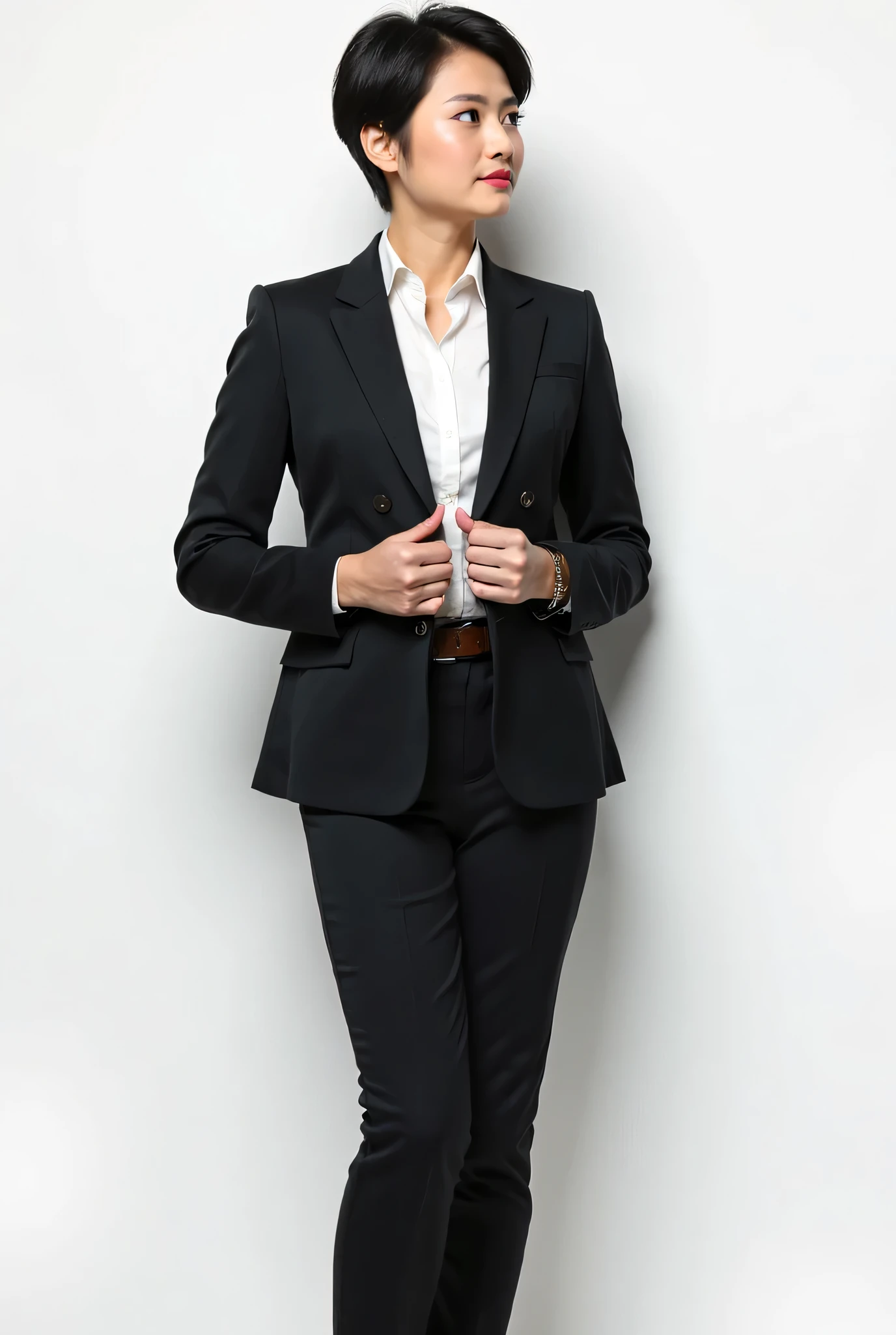 (( (kick:1.3) , hold fingers)), Full body, solon,  woman of 007 , in  Pub , (1 Scottish woman , 30 age old ,(gold hair, short cut, serious, glare at man), ((wearing  Navy Blue blazer jacket, white turtleneck sweater,  Navy Blue pants, leather black belt,  brown shoes :1.5)) , ((super detail, high details, high quality, accurate, anatomically correct, textured skin, beautiful fingers super detail, high details, high quality, best quality))