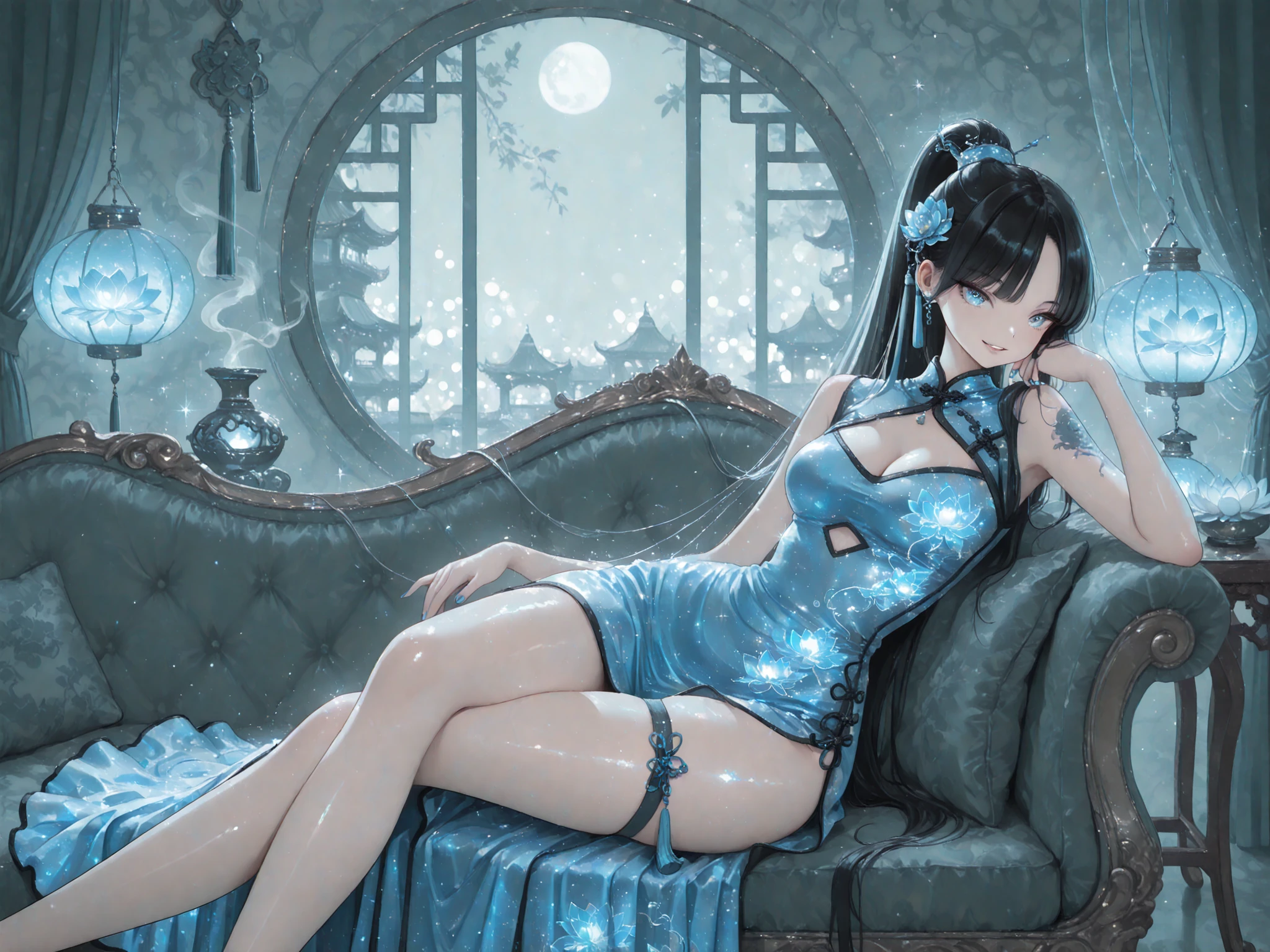 (highest quality, 8K, 32K, masterpiece, UHD: 1.3), 1 female, (Oversized: 1.3), perfect figure,, (attractive), (Sheer skin)) 、((((Transparent see-through dress))))、see-through dresses、lace sheer dress、Transparent dress、Sheer skin、Transparent dressを着た美しい裸の女性、solo、best style、big breasts、The most beautiful in the world、unparalleled beauty、long hair、 ((blue bathhouse)),、Blue lighting. concept art stunning atmosphere, blue atmosphere, beautiful concept art, dark majestic gorgeous pool、(blue water辺、blue water)、blue stone、blue stone、blue reflection、Cyan color、get wet in blue water、Blue light、blue flower、Blue roses、Blue World、Expressive、sexy pose、sexy design、nipple