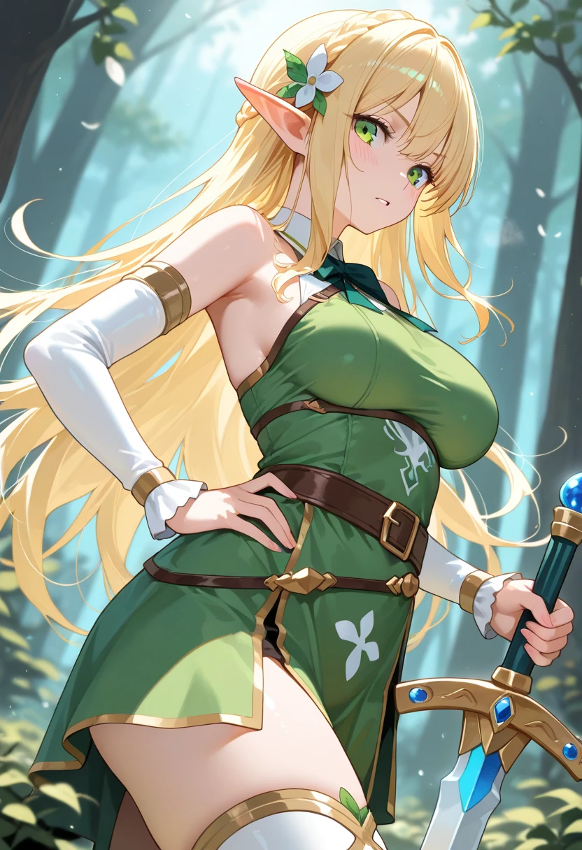 Girl, blond and straight and long hair in a ponytail, huge , green eyes, standing ready to fight in a forrest, big smile, thight green armored dress with gold decorations, completely visible, oly nipels covered, half naked, age of 25, sword in hand, golden laurel wreath, elven ears