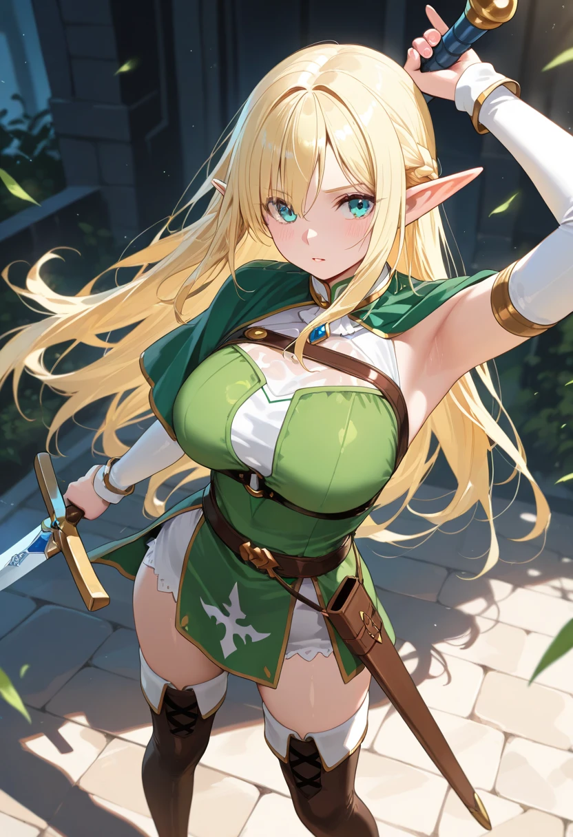 (((masterpiece; best quality: 1.2))), (finely detailed eyes: 1.3), (25 year old elf woman), (solo), (green eyes: 1.4), (body; big breasts, fit, femenine: 1.3), (silky blonde hair in low ponytail: 1.3), (beautiful and clear background: 1.2), ((depth of field)), (equipment: adventurer garb + modest + elegant wide-brim hat + dark blouse + dark cape + black long skirt + gloves + belt + pouches: 1.3), (anime illustration: 1.2), (background composition; royal garden: 1.1), (extremely fine and beautiful: 1.1), (shot composition; standing + centered on torso + close-up: 1.5), (expression; calm, smile: 1.2)