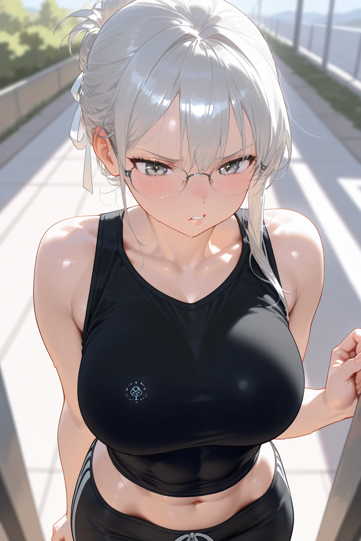 mastute piece,Best Quality,insanely detailed,8k cg,nsfw,
(shoot upper body:1.3),
(1girls:1.3),standing,looking at viewr,body in front,both arms behind back,(runningwear:1.3),(bare breasts:1.1),(bare nipples:1.1),
break,
blush,shy,(ecstasy face),(trembling:1.2),break,(light gray hair:1.2),
break,
perfect breasts,perfect teats,(open mouth:0.9),(large breasts:1.2),
(pavedroad)、