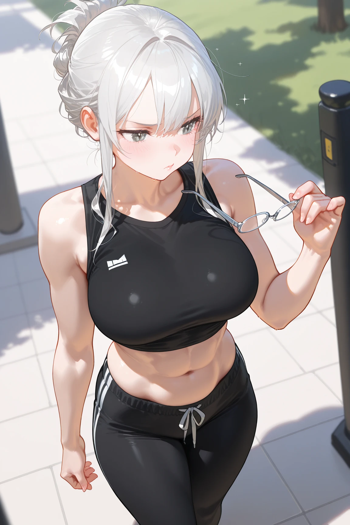 (((masterpiece))), ShizukaMikazuki, One Girl, alone, View your audience, Long Hair, Gray Hair, Long sleeve, Cleavage, Huge breasts,clavicle, Mature Body,Glamorous Body,Trained abdominal muscles,Make your face a little smaller,Make your breasts bigger,tall,Blushing,High Ponytail,Blouson, Open clothes, open Blouson, blue Blouson,nude,Black sports bra,Black hot pants, Play sports often, Choker with charm,Earrings,Belly piercing,Laughing embarrassedly,,blue eyes,Sunset Nature Park,Looking at the camera,Sweat all over,Give a relaxed expression