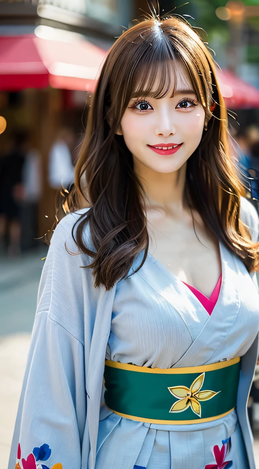 「A beautiful woman with large breasts、Smiling and wearing a traditional festival happi coat。She has long flowing hair、Standing against a backdrop of colorful festival decorations and lanterns。The scene is lively and vibrant.、Capturing the essence of traditional Japanese festivals。」
