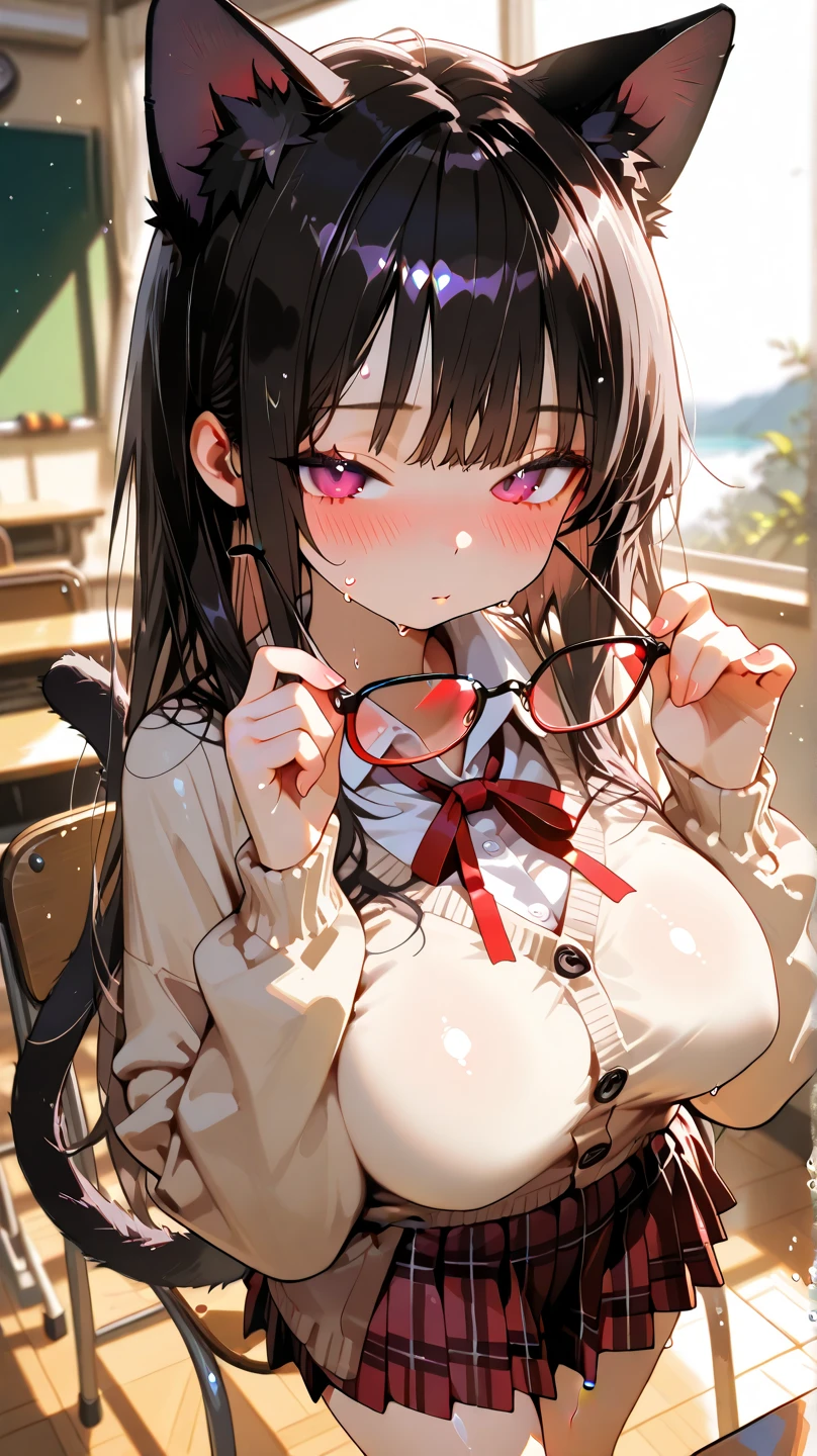 ultra-detailliert, Best Quality, High resolution, ((A petite, black-haired girl with a large face and cute droopy eyes, who wears round glasses and looks up.))、Pretty eyes、Detailed eye depiction、Eye sparkle、Looking at Viewer, pale skin、(((Petite)))、(flat chest:1.4), (blush:1.2), (big eye:1.4), a smile, in class room, Focus on the face, Long hair with braids, ((super close up of tongue))、((from above)), open_mouth, (((face only))), ((naked)), nsfw, saliva, a sailor suit