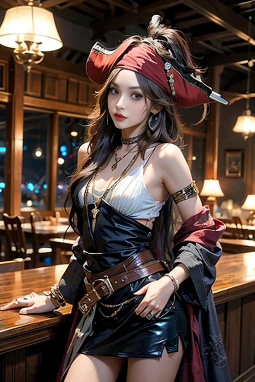 masuter piece, best qualtiy, (((realisitic, Photorealsitic:1.37))), ((Solo)), 8K image quality, Extremely delicate and beautiful, splendid, Official art with attention to detail, Ridiculous, Unbelievably ridiculous, huge filesize, ultra-detailliert, ighly detailed, (Pretty girl), (detailed girl), ighly detailedな目と顔, Beautiful detailed eyes, Light makeup,, (Perfect female figure), large full breasts, Slim waist, big butts, (Nordic beauty), ((fullllbody)), With bangs, (On the pirate ship), (((Female Pirate))), Brown pirate suit, ((sodden)), ((full of sweat)),