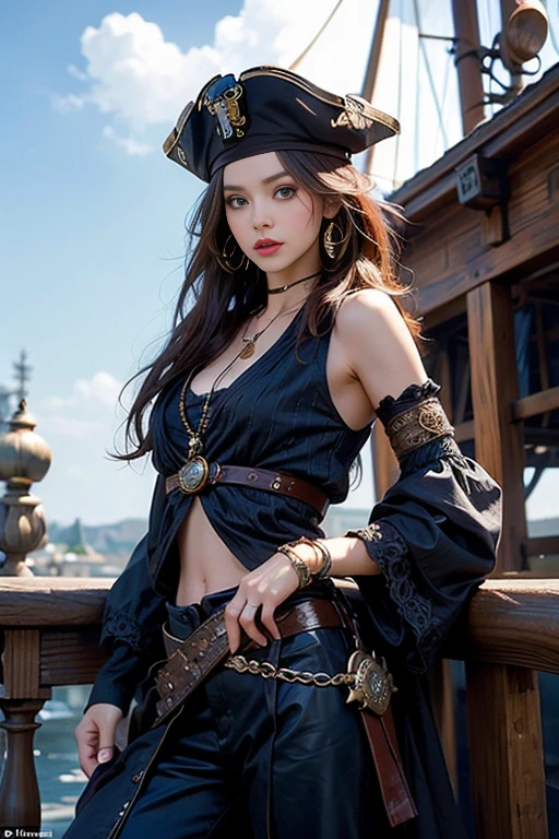 PiratepunkAI, concept art, (masterpiece,best quality,photorealistic,best color,hyper-detailed:1.3), a pretty woman in black dress with hat, blue eyes, eyeliner, maskaras, beautiful eyes and face, large breasts, perfect proportion, sunset background, piratepunkAI, 8k, highres photo