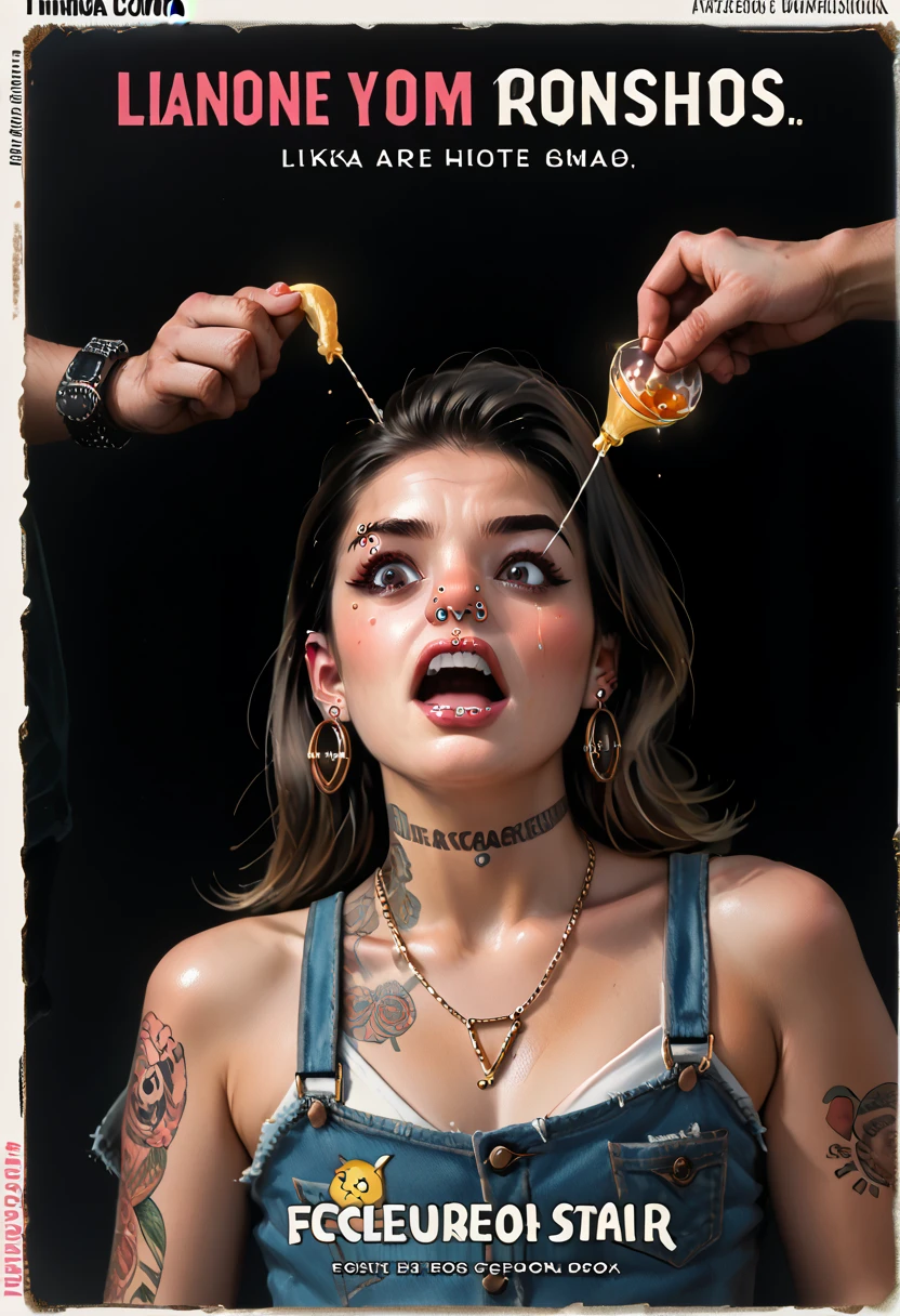 purpleとyellowで構成された絵画最高品質, High resolution,(A frame made of chains and ruins),pretty girl、Small eyes、(Flat Chest), ((Odd colored hair,green,purple,yellow)), beautiful、、Tattered denim pants、Tattered black tank top、Circus、Collar with a large chain、Clown、Bold Pose