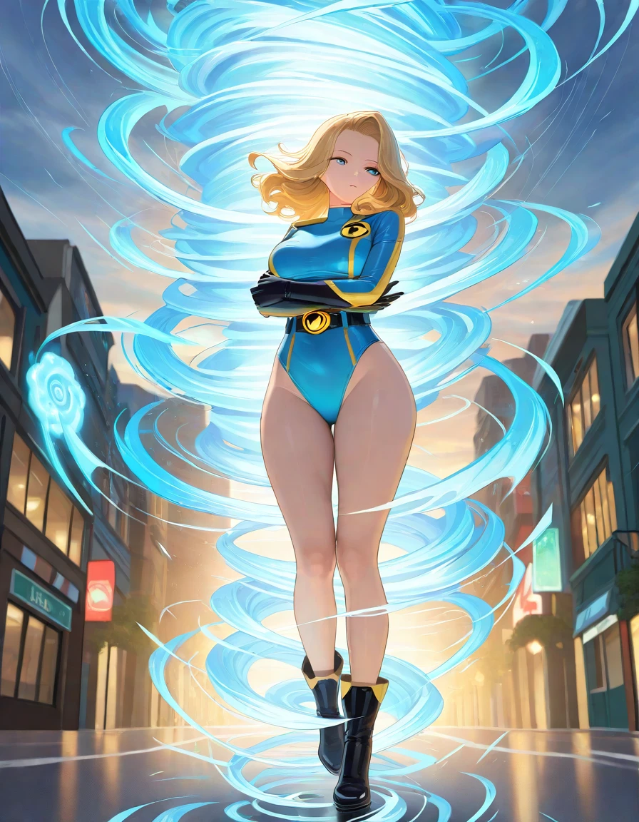((best quality)), ((masterpiece)), ((ultra realistic)), (dynamic sexy pose), american blonde, beautiful detailed face, detailed eyes, sexy us military officer, dressed in a green and white leotard, city backdrop, neon edge lighting, highly detailed, professional, bare legs, full body, medium hair, super spin, matching blue boots, tornado spin, standing, twirl, spinning cyclone, cyclone winds, powering up, wind particles, dust particles, cyclone particles, super spin, drilling spin, tornado drill, power,