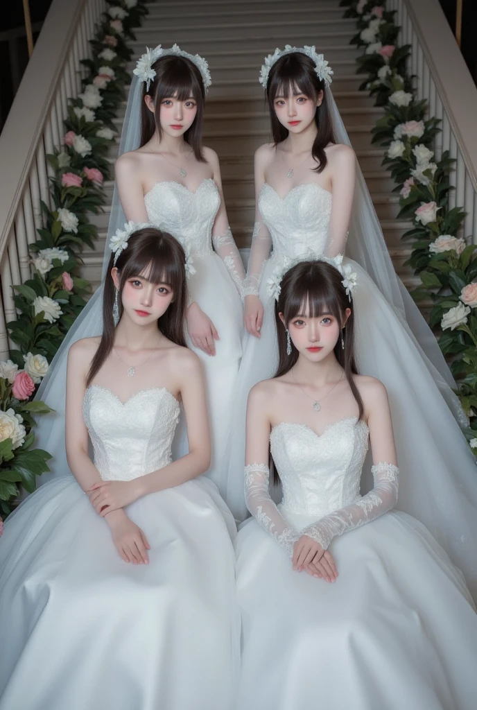 A young girl wearing a low-cut wedding dress is looking at the camera.。The girl has shoulder-length black hair and kind-looking eyes, but sharp eyebrows.。Next to her was a blonde-haired, blue-eyed, large-breasted girl wearing a similar wedding dress, looking in the direction of the camera with a broad smile.。