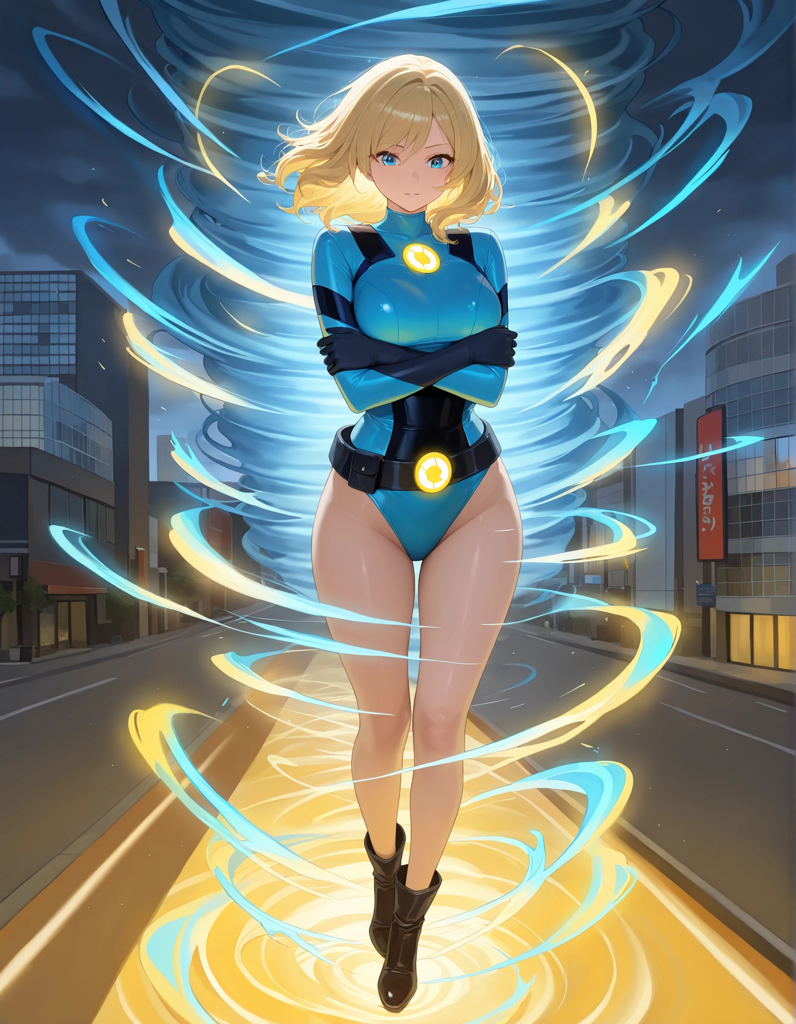 masterpiece, best quality, agrias, grey sweater, black leotard, twirl, spin, blonde hair, superhero, boots, tornado, whirlwind, solo, bare legs, whirl, wind effects, spinning into a tornado, fast spin, stand, time travel, travelling through time, highleg, perfect hands, perfect fingers, highleg leotard, powering up, tornado swirls, wind particles