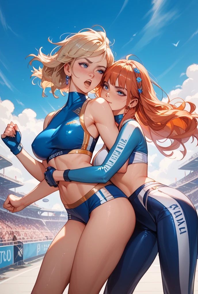masutepiece, Best Quality, Ultra-detailed, Illustration, extremely delicate and beautiful,High resolution, Ultra-detailed,,Perfect face,Slender Perfect Body, Tight belly,Toned buttocks,Constricted waist,,(Two girls running,dash:1.5), 13years,(1 girl with pink hair,One girl with gray hair), (Very short hair from one girl,One girl with long braid hair), Shy daughter, Short stature, small tits,(Flåm Athletics Stadium), (Fashionable track and field athletes)、(Short Bike Shorts), small tits, (Wet:1.2), track and field、white uniform、((Very Wide Shot ))、(Cameltoe:1.5)、(Nipples visible through clothes:1.4)、Realistic body、de pele branca、(Realistic Mekosuji:1.4)