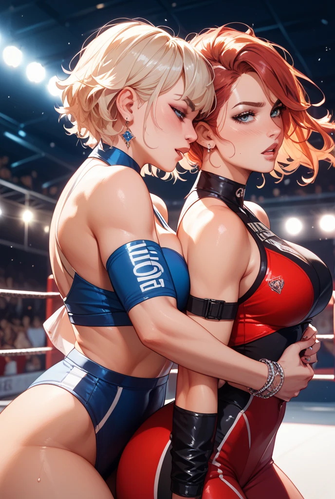 Two women kissing side by side, Wearing a white and blue volleyball suit, No sleeve, At the same height, (Brunette, Sunburned) (Blonde), small, Sweaty chest, masterpiece, highest quality, Great Shadows, Detailed Background, Silk Shot