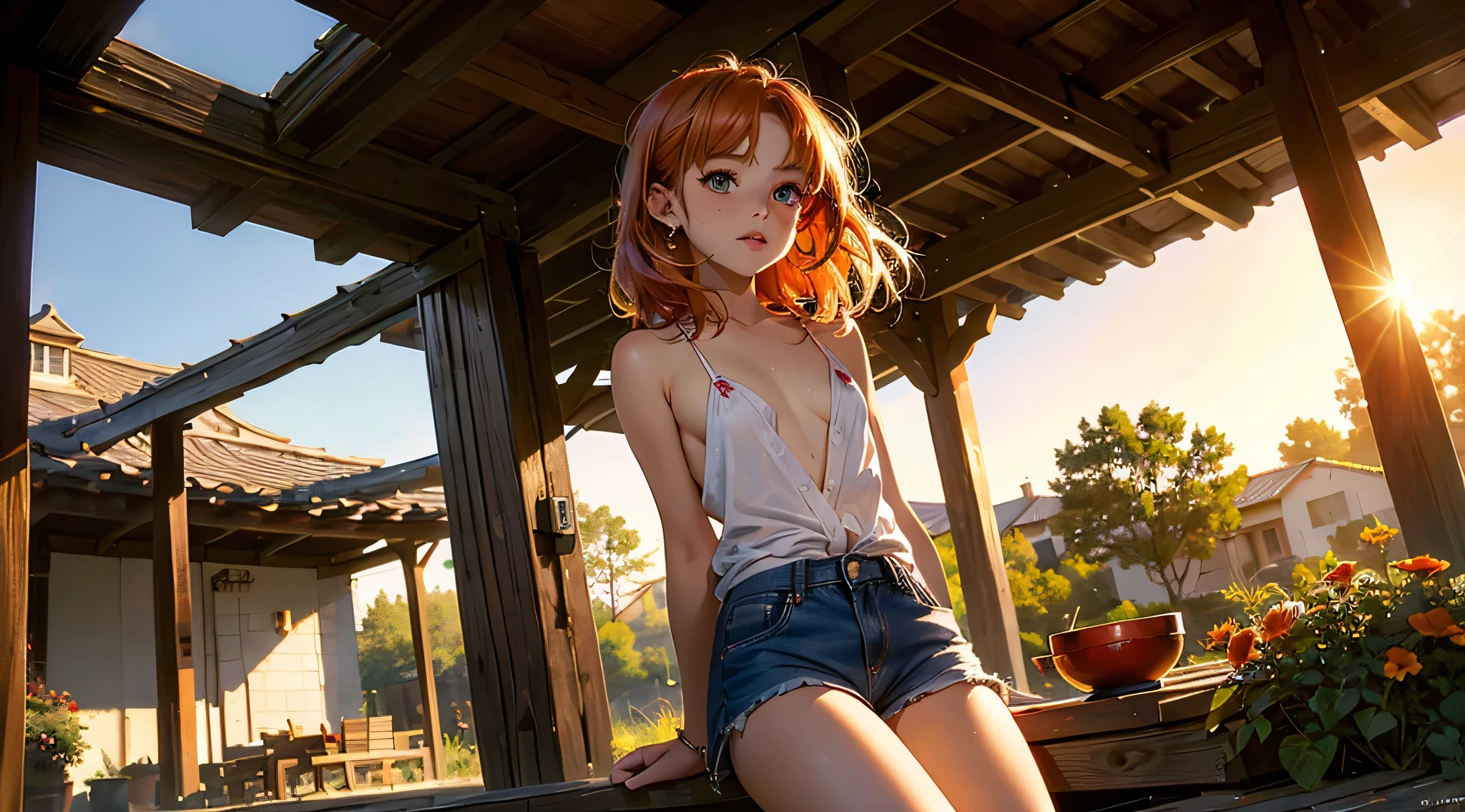 (((girl))), ((((solo)))), ((messy hairstyle)), standing taking a picture, (((Reddish-yellow hair)), red eyes, sundress, skirtlift:1.3