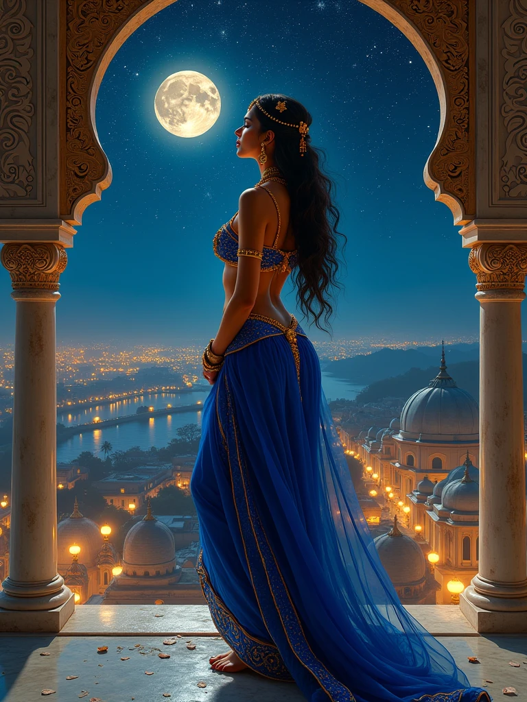 Egyptian woman with red dress and ancient belt kneeling praying and a starry sky and a blue full moon full of necklaces and bracelets and a crown on her head she is on a Moroccan balcony