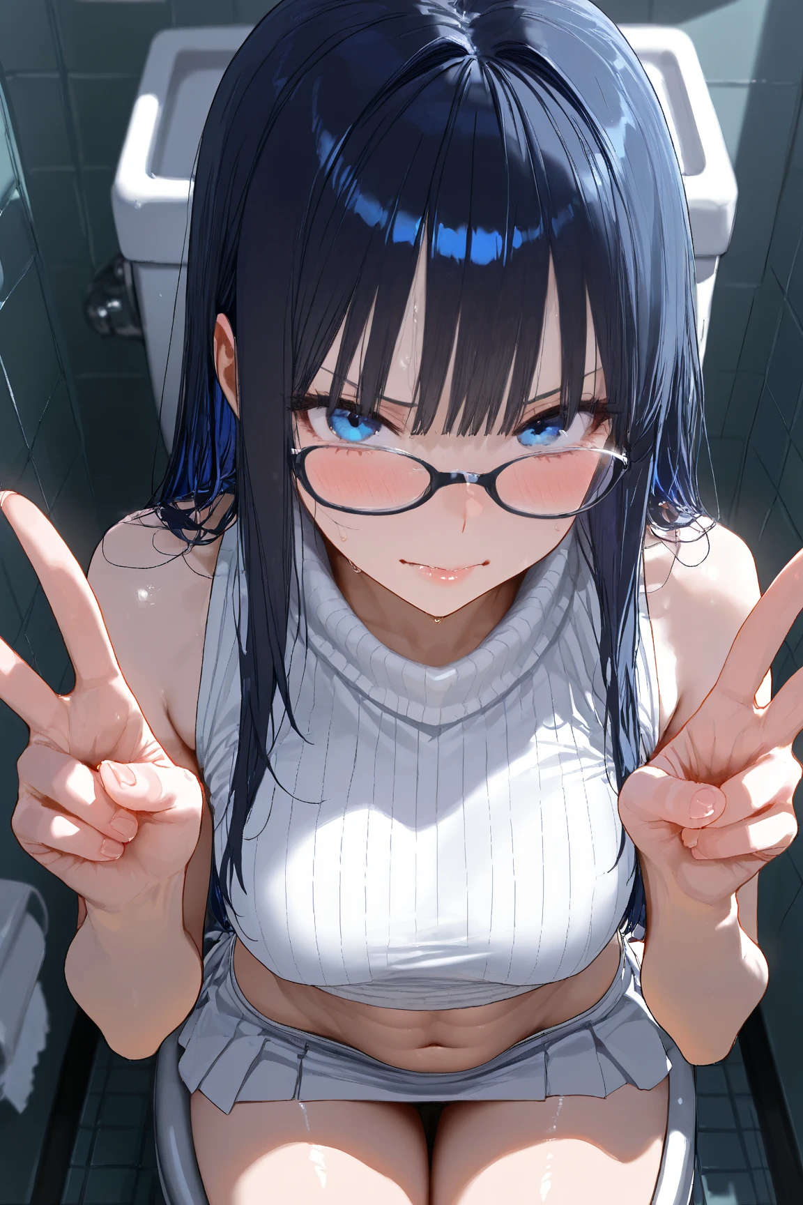 nsfw,1girl,Solo,dark purple hair,yellow eyes,medium breasts,sailor,straight hair,pov,straight on,best quality, very aesthetic, absurdres,Glasses,(downblouse),(wet)