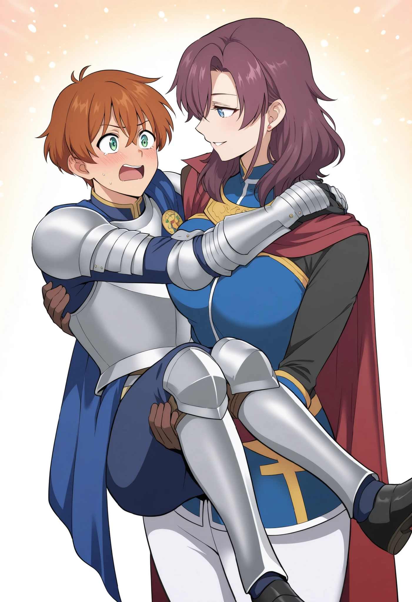 ,,1girl, milarity Royal female armour,cape, pants ,knight,prince carry,1boy, bridal style, female carrying male, role reversal, gender role swap , assertive FL x Submissive ML , assertive knight woman anime colouring ،