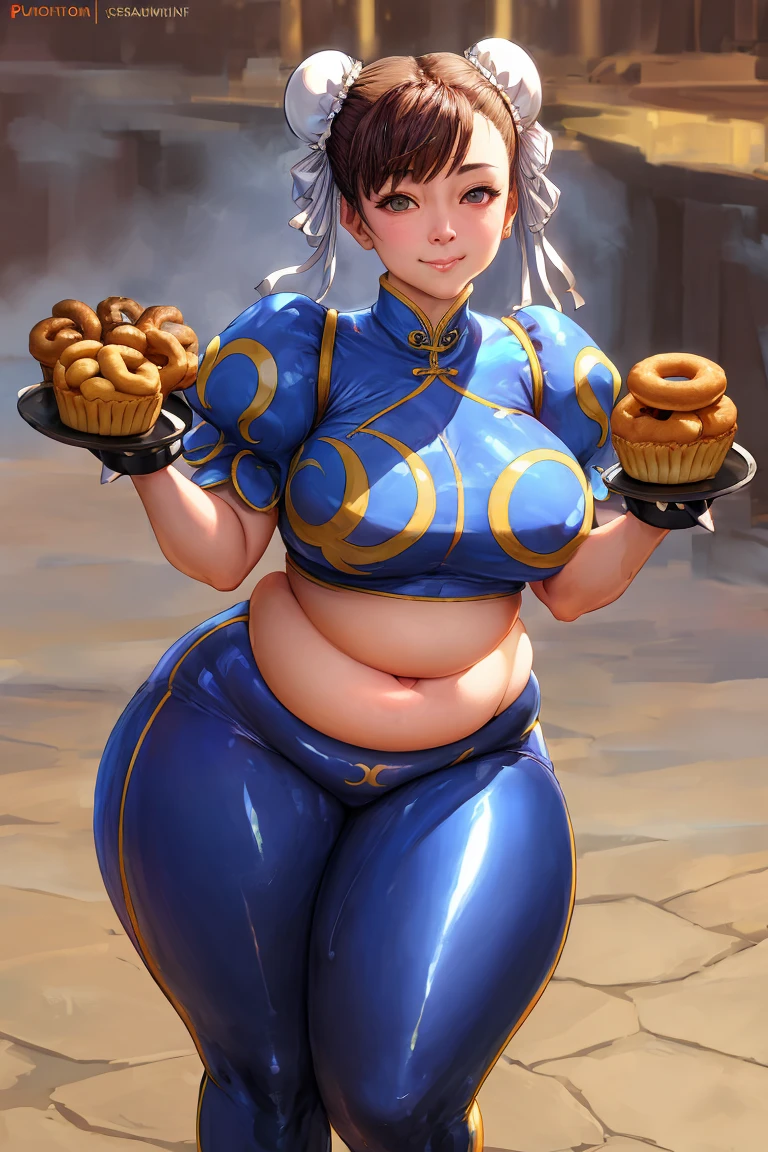 obra de arte, melhor qualidade, Fotorrealista, pequeno sorriso, Sozinho, (olhos detalhados:0.9), ChunLi, Venha donuts, lindo rosto lindo, muito gordinho, macio, curvado, Gordo, rolos de gordura, barriga gordinha, barriga rola, love handles, topo de muffin, sensual, Tight latex, thunder thighs