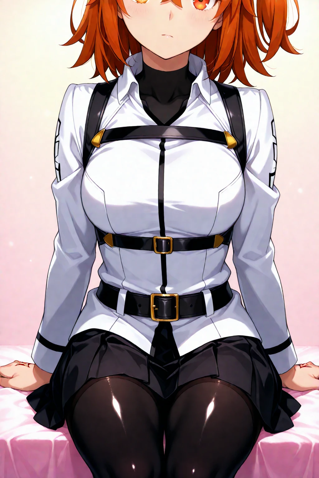 Lin Wei, a beautiful human-hybrid with striking black eyes and long black hair tied in a high ponytail, stands confidently. She looks directly at the camera with a determined and intelligent gaze. Her military uniform fits perfectly, highlighting her strong yet feminine physique. Her presence exudes strength, grace, and leadership. The background suggests a futuristic starship setting, adding to her commanding and powerful aura.