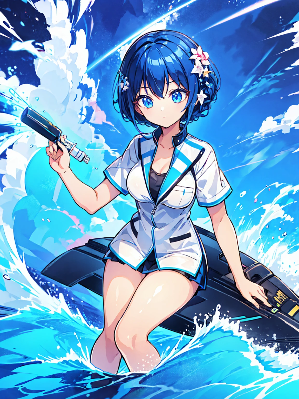 (Masterpiece, top quality, Kyoto animation style illustration, top quality, official art, aesthetics, beautiful details, :1. 2), break, (one 17 year old girl), very detailed, colourful, best details, break, ,break ,{heterochromia iridis,pale blue eyes,pale green eyes:1.5}, star eye silhouette, Standing figure, Happy, :D, break ((aqua hair,Side Ponytail,Semi-long hair, bow: 1.5)), Thin hair, break, overalls, Shirt, Braids,Large breasts , solo, break, (1girl,solo:1. 3)((deep sea)),(water gun),(water play), break, medium necklace, simple, grey Colour, colourful hair, asymmetrical bangs, shadows, sweat, simple, blush, stickers, micro bikini, white, silky, blue sky, break,((weightless)),((top angle, cowboy shot))), underwater,((underwater, seaweed, column of light)),((coral reef, air sac:1.5 ))), Goddess,
.