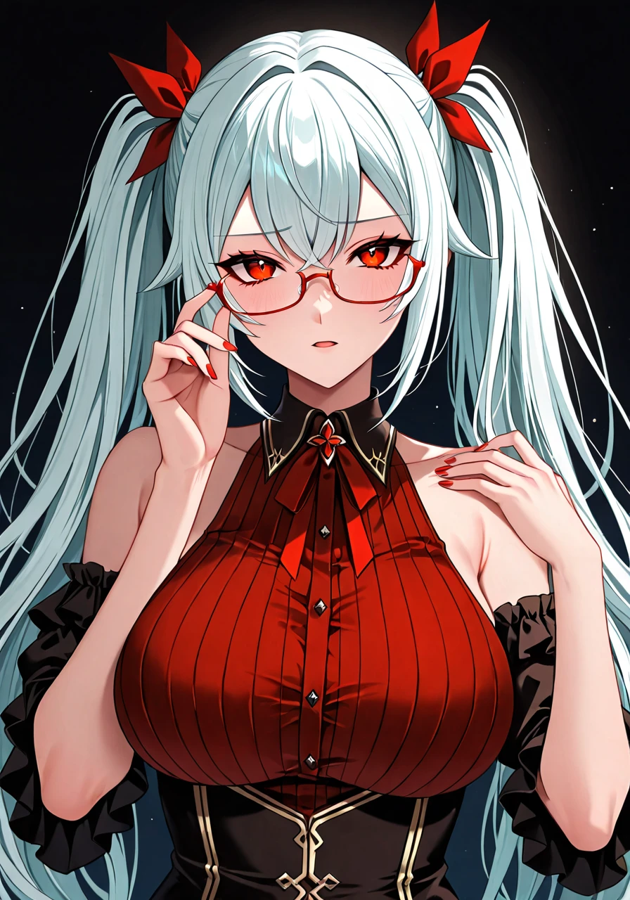 1 girl in, Straightening clothes, bad girl, черные gloves, split, earrings, glasses, gloves, jewelry, lace, lace trim, big breasts, lips, long hair, Looking at the viewer, draw up, приоткрытые lips, red background, Red eyes, красные lips, круглые glasses, One, Солнечные glasses, тонированные glasses, upper body, White hair