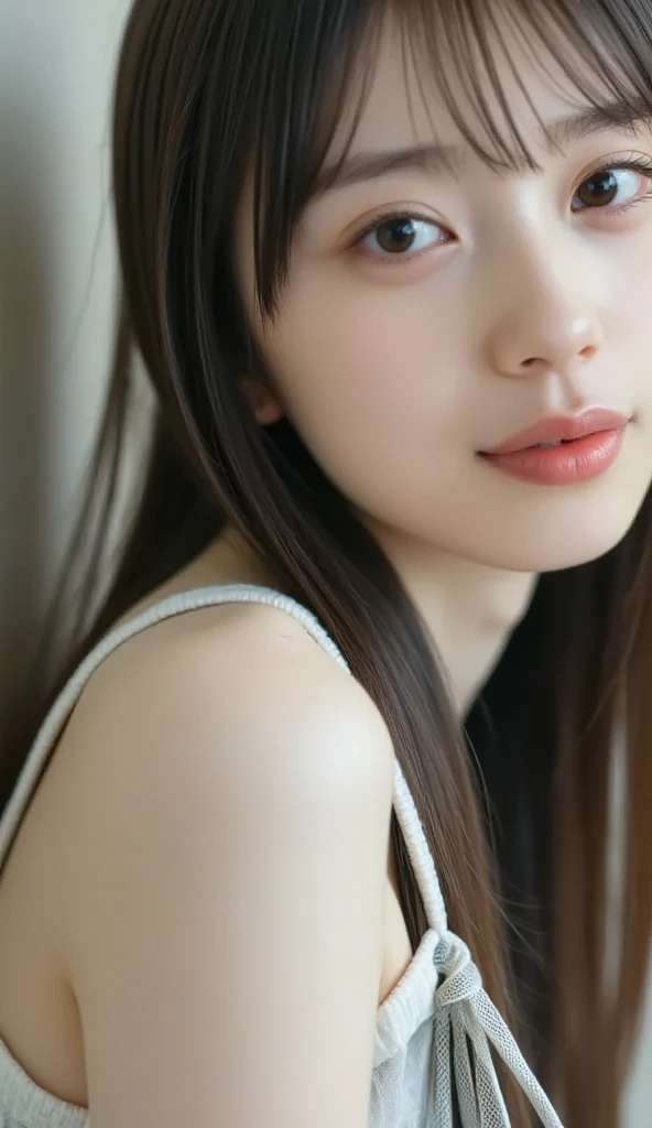 ((masterpiece:1.4、Highest quality))、(Like the picture:1.4)、Professional Lighting、Physically Based Rendering, Dark brown hair、Layered Cut、Highly detailed face、Detailed skin、(Japanese women:1.05)、21、Thin bangs、knit、White Room、White wall、Bright lighting, topless, Browsing Caution, Nipples