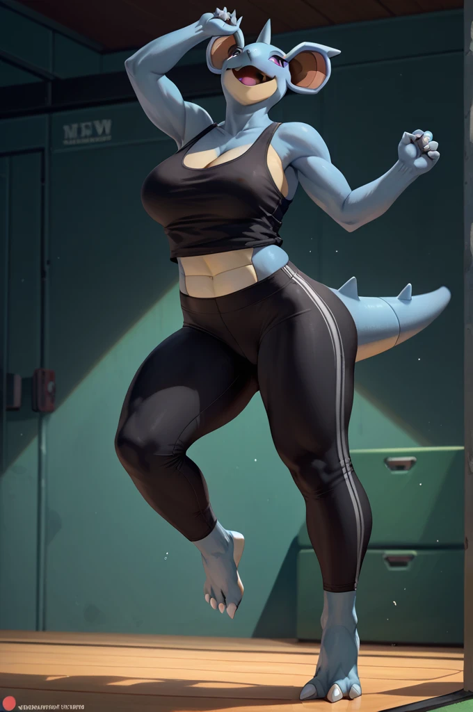 uploaded on e621, explicit content, 3d, (bastika, cutesexyrobutts, hioshiru), female, shark, thick thighs, huge butt, futuristic, (scalie), clawed feet, round wide hips, thicc ,(Anthro), slim waist, curvy, (Slit pupils), huge breasts, (zahn), lizard face, gym, bottom-heavy, goth, large ass, sexy, seductive, extremely detailed, portrait, looking at viewer, (full body:0.6), detailed background, close up, (airy modern theme:1.1), extremely busty gym girl, ponytail, smirk, mysterious, standing in the gym, sports bra, wet, workout gear, weight machines, windows, modern gym, ((((gigantic breasts, cleavage, skindentation)))), modern (gym interior:1.1) background, dark mysterious lighting, shadows, anthro, shark, marine, blue-grey skin, white belly, white jaw, black hair, light blue eyes, shark tail, tail piercing, ear piercing, female two tone hair purple, smile, shark teeth, snout, shark snout, claweddrip), G-string panties, long legs, modern (gym interior:1.1) background, dark mysterious lighting, shadows, magical atmosphere, dutch angle, gym shorts