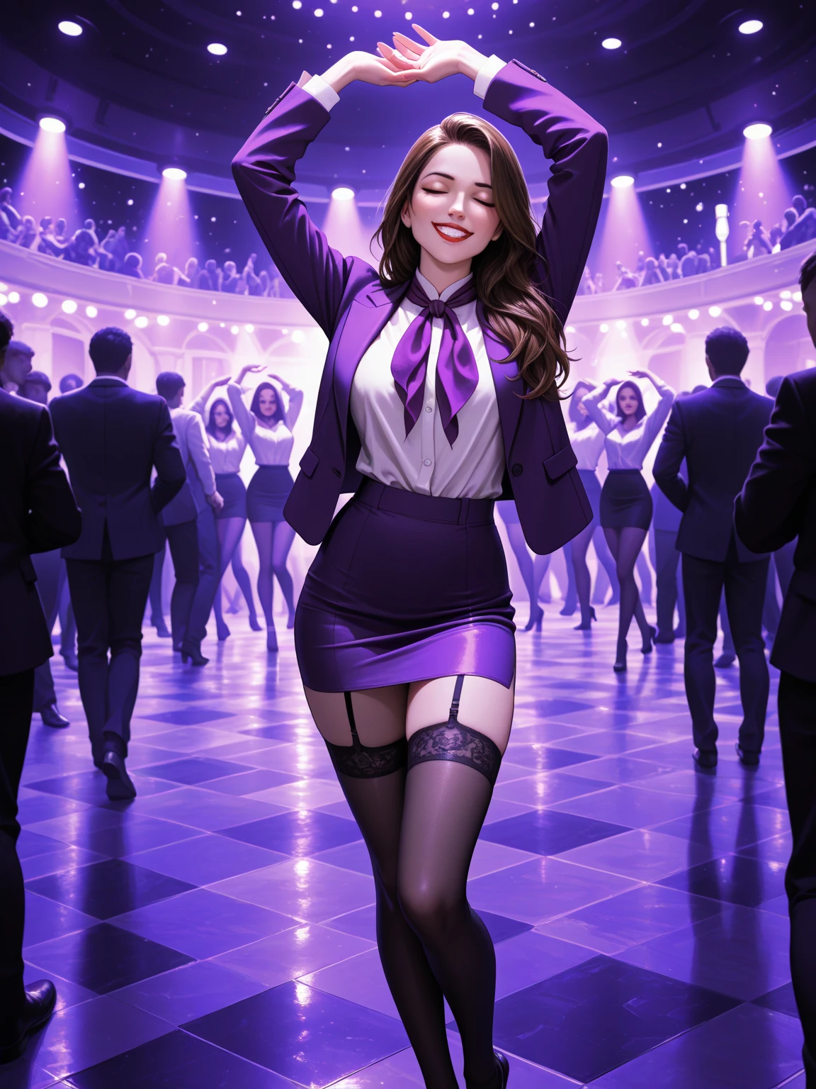 a photo portrait of beautiful female magician, formal tuxedo outfit, gloves, flat chested, (showing cleavage), (fishnet pantyhose), sexy, sneaky expression, performing a magic card trick, sparks in the air, ((concert background)), best quality masterpiece, photorealistic, detailed, 8k, HDR, shallow depth of field, broad light, high contrast, backlighting, bloom, light sparkles, chromatic aberration, sharp focus, RAW color photo, cinematic lighting, octane render, volumetric lighting