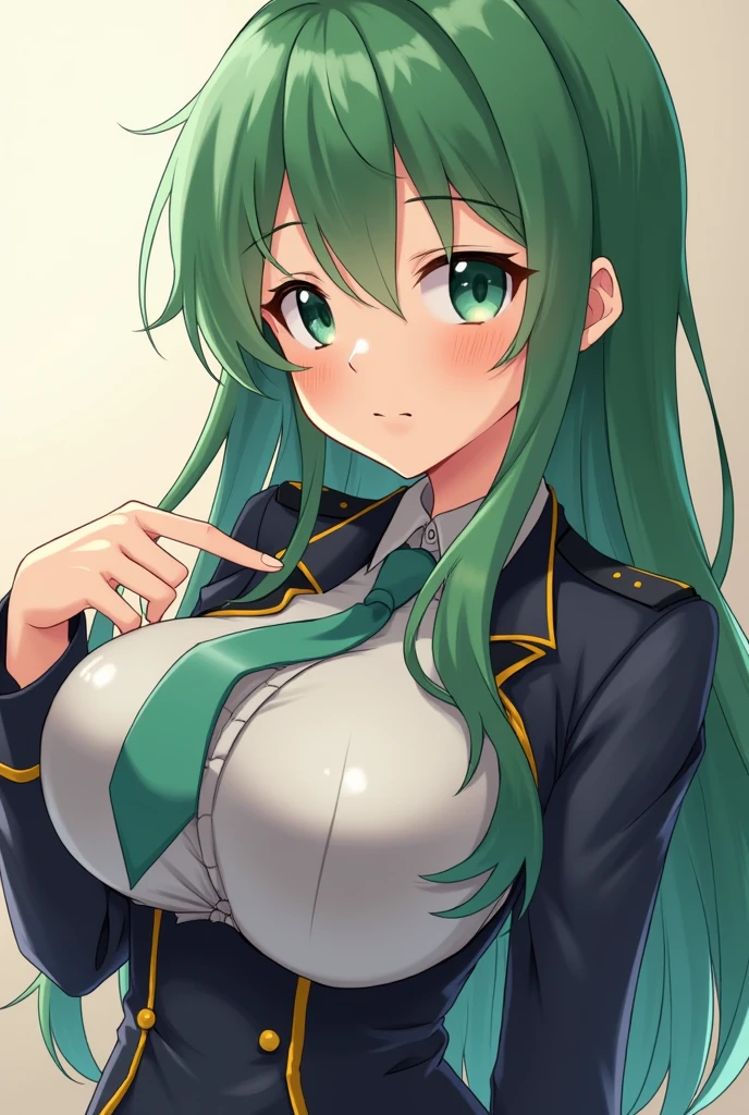 masterpiece、Highest quality、Best image quality、High resolution、Big Breasts、Green Hair、Green Eyes、Long Hair、Black Uniform、Unbranded uniform