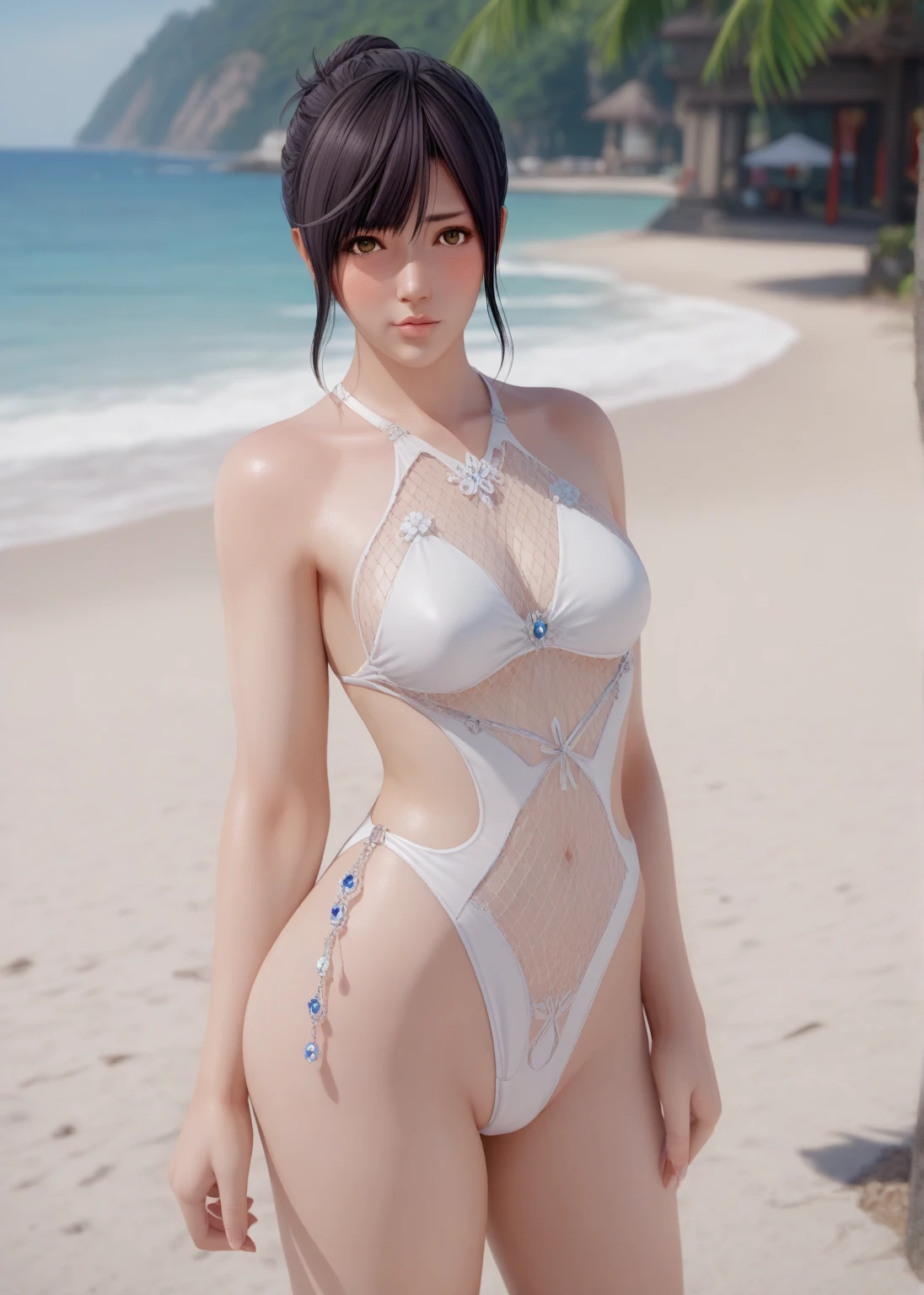 software:1.5、close , ((Panty shot from below 2.0)), Highest quality, Tabletop, 16K, Realistic, Concept Art, Beautiful girl squatting on the beach , Beautiful Face, Smiling Kindly、Beautiful light brown hair bun, Beautiful light brown eyes, Ample breasts, View the viewer, blush, expensive , blazer, Pleated skirt, Navy blue socks、loafers,Low people, Sunset Coast, Orange sky, Beautiful Clouds,、((White panties))、((White panties))、((White panties))、(((Spread your legs 1.7)))、(((紺色のPleated skirt)))、((Place your hands behind your head to show your armpits))、With bangs、(((blazerに白のブラウス)))、Red tie、(((M-shaped legs)))
