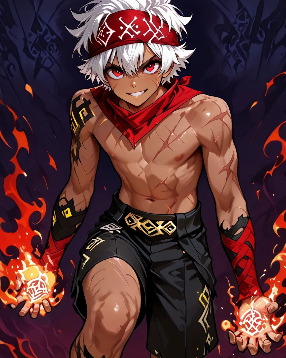 Male,5'4,pierced pointy ears,light skin,red eyes, white ombre long hair half up half down,black albow length fingerless gloves,ripped red short sleeve cropped hoodie,black tight shirt,ripped black jeans,dark magic,on a battlefield with darkness in his eyes as he approches his enemies