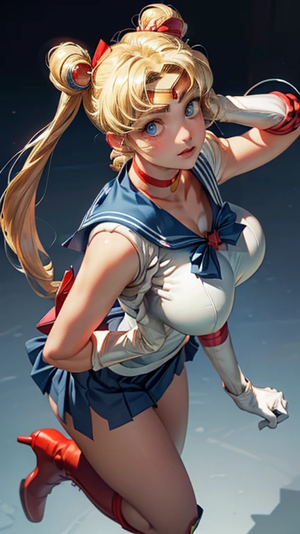 masterpiece, high definition, best quality, rendered art, well formed hands, fingers and body, 1 woman, solo, sailor moon , adult, grown up, twin tails, blonde, big breasted, cleavage, full body, , sexy sailor senshi uniform, short blue skirt, red boots, gorgeous hips, legs and thighs, blond, white elbow gloves, sailor collar, tiara, earrings, ryona , in peril, she is being beaten up by her opponent, she is knocked down and she is slapped in the face and being slammed against the floor, being humiliated by her opponent, receiving the impact of her opponent's attacks, closed eyes, screaming in pain and agony, ryona and perilous scene, bouncing breasts, weak and helpless, martial arts tournament on the beach