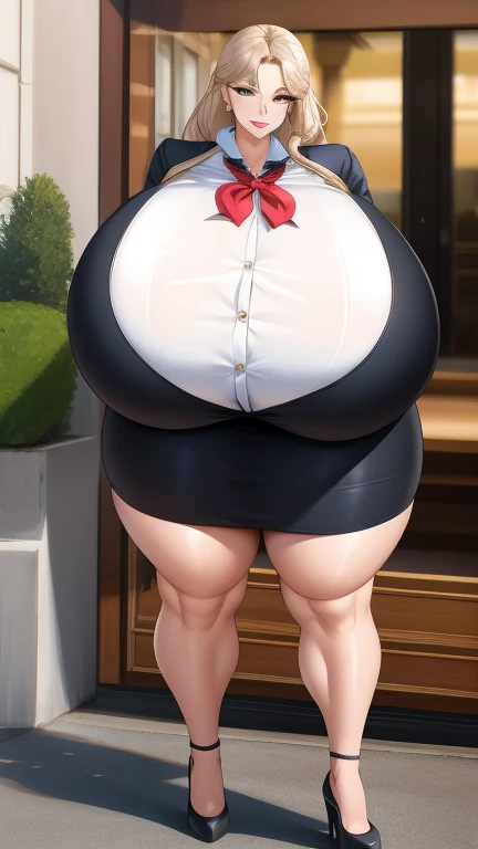 realistic, 1girl, pink hair, very long hair, wear bride veil, straight hair, blunt bangs, (red eyes), (glowing eyes), blush, ((((white maid dress, fully clothed)))), ((big breast)), maid headband, white hand gloves, high heels, ribbon, night, indoor, staring at viewer, lipstick, closed mouth, bare foot, sfw, very big breast, [big belly], covered belly, thicc girl, standing, fat girl, obese girl