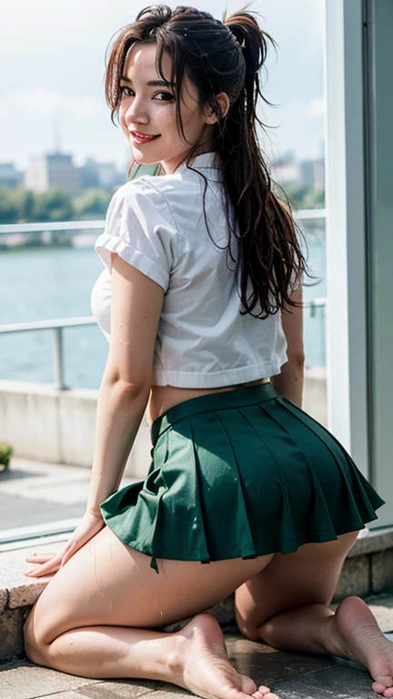 masterpiece, highest quality, High school student with big, The wind flips my skirt, No underwear, Embarrassing, From the back, My butt is completely visible, Sticking out her butt, The school is in the background, slim body