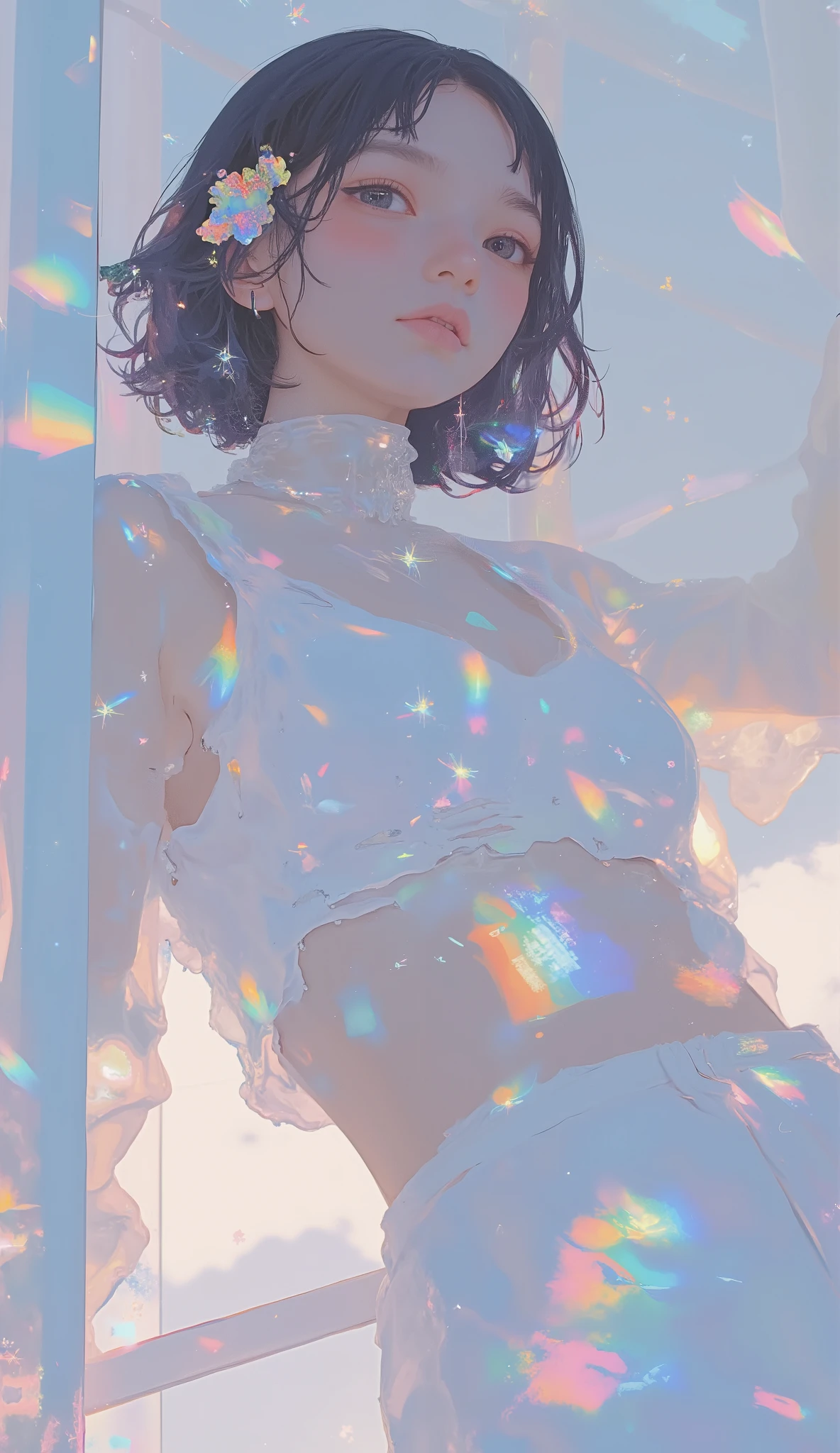 白いドレスを着てRainbowのドレスを着た女性, See-Through Dress, Rainbow aesthetic, bright Rainbow light, Sparkling Prism, illustration Rainbow, holographic, Milky, holographic effect, holographic!!!, Rainbow and Milky, Rainbow. fantasy shot with Nikon Z7 II mirrorless camera, light effect. feminine, transparent holographic being, holographic plastic