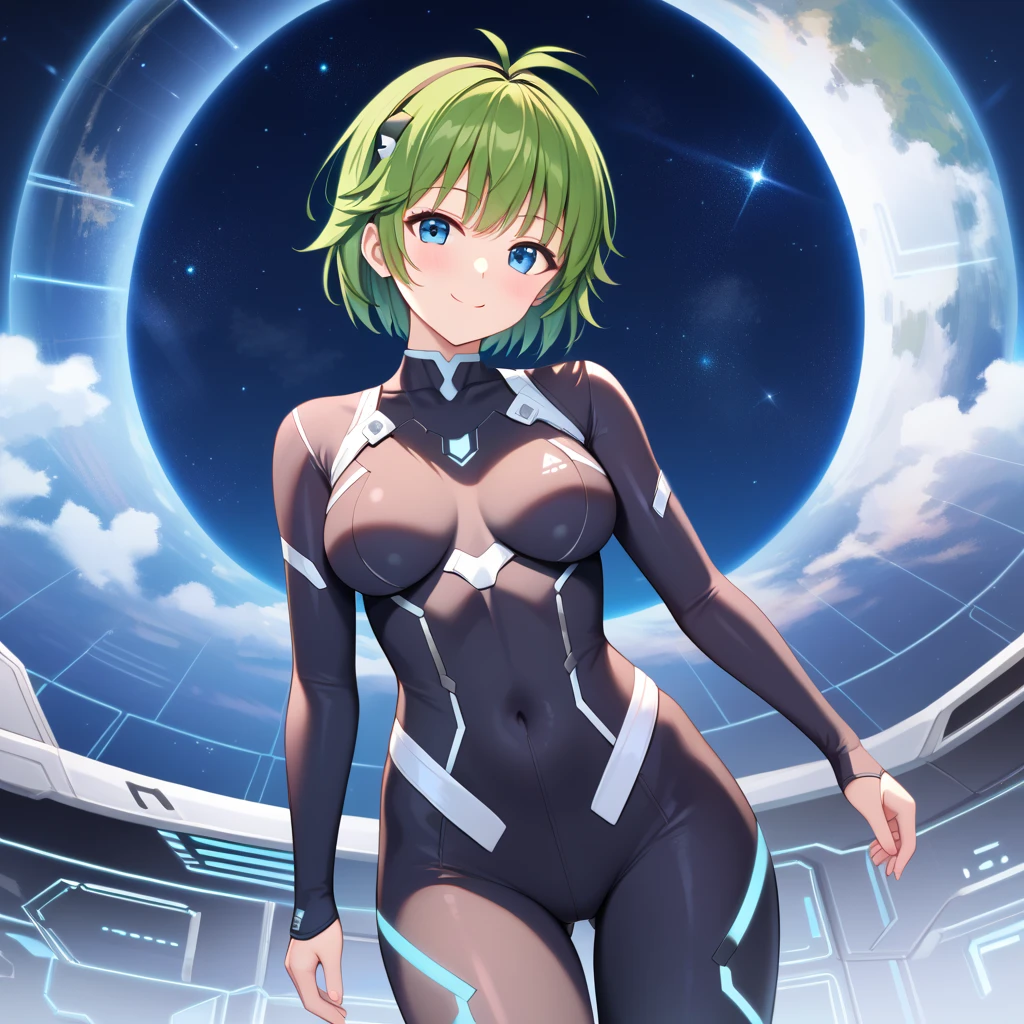 Masterpiece, top quality, ultra-definition, beautiful definition, one girl, solo, 15-year-old female, standing straight, full body, white body suit, white rubber suit, black eyes, yellow green hair,bun hair,at cave