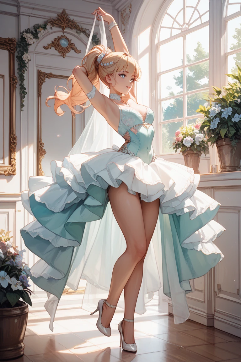 anime Illustration of a ballerina, white costume, tutu, camera perspective from underneath her thighs, showing pelvis, low shot, exposed thighs, close up of crotch area from below, raising arms and legs, low camera angle, showing from underneath tutu skirt, shot angle from underside, one leg raised up high, inner thighs, underwear, exposed crotch, visible groin, pubis mons, spread legs, on stage, looking from below, one leg raised up, tutu blown up, close up of crotch area from below