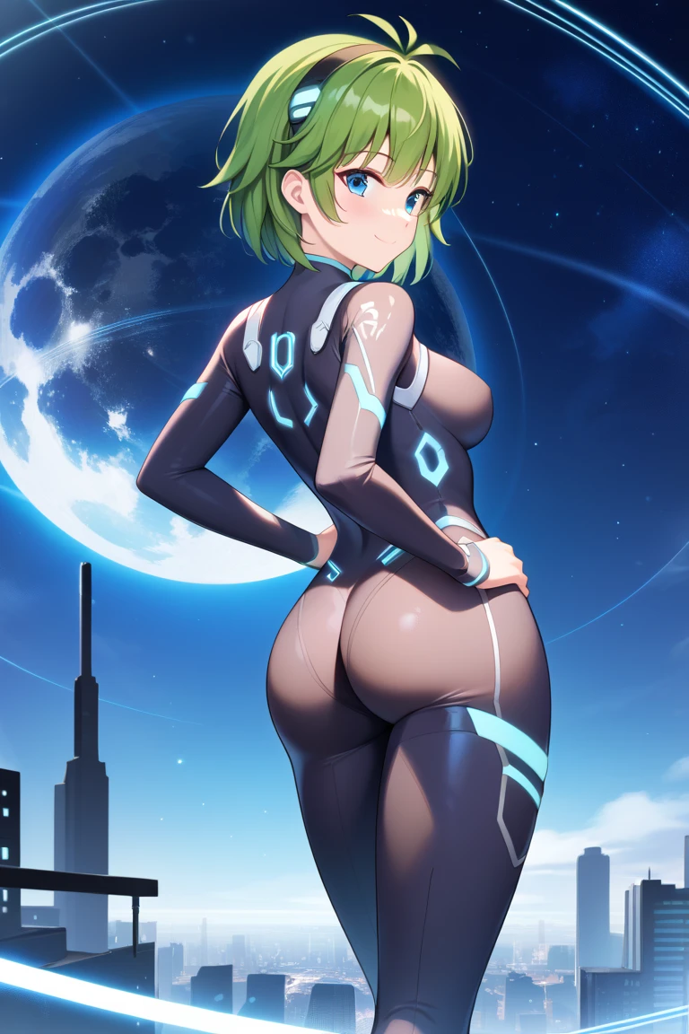 1girl, green hair, very short hair, pixie cut, yellow eyes, serious, glowing eyes, large breasts, breasts, thick thighs, toned, toned female, bodysuit, pilot suit, futurustic, science-fiction, neon, neon trim, neon light, black bodysuit, space, from behind, ass, ass focus